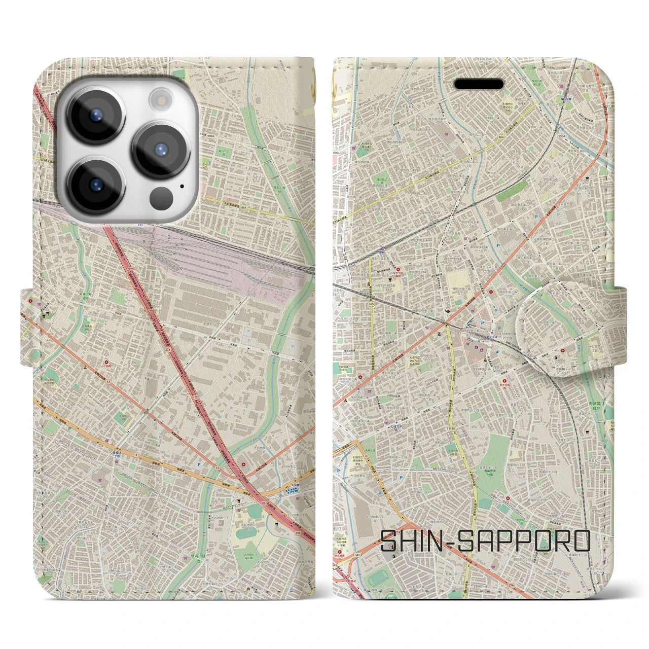 【新札幌(北海道)】地図柄iPhoneケース(手帳タイプ)ナチュラル・iPhone 14 Pro 用