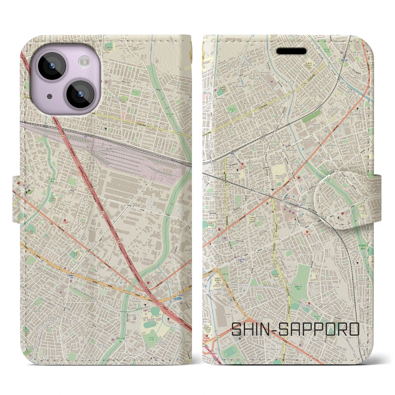 【新札幌(北海道)】地図柄iPhoneケース(手帳タイプ)ナチュラル・iPhone 14 用