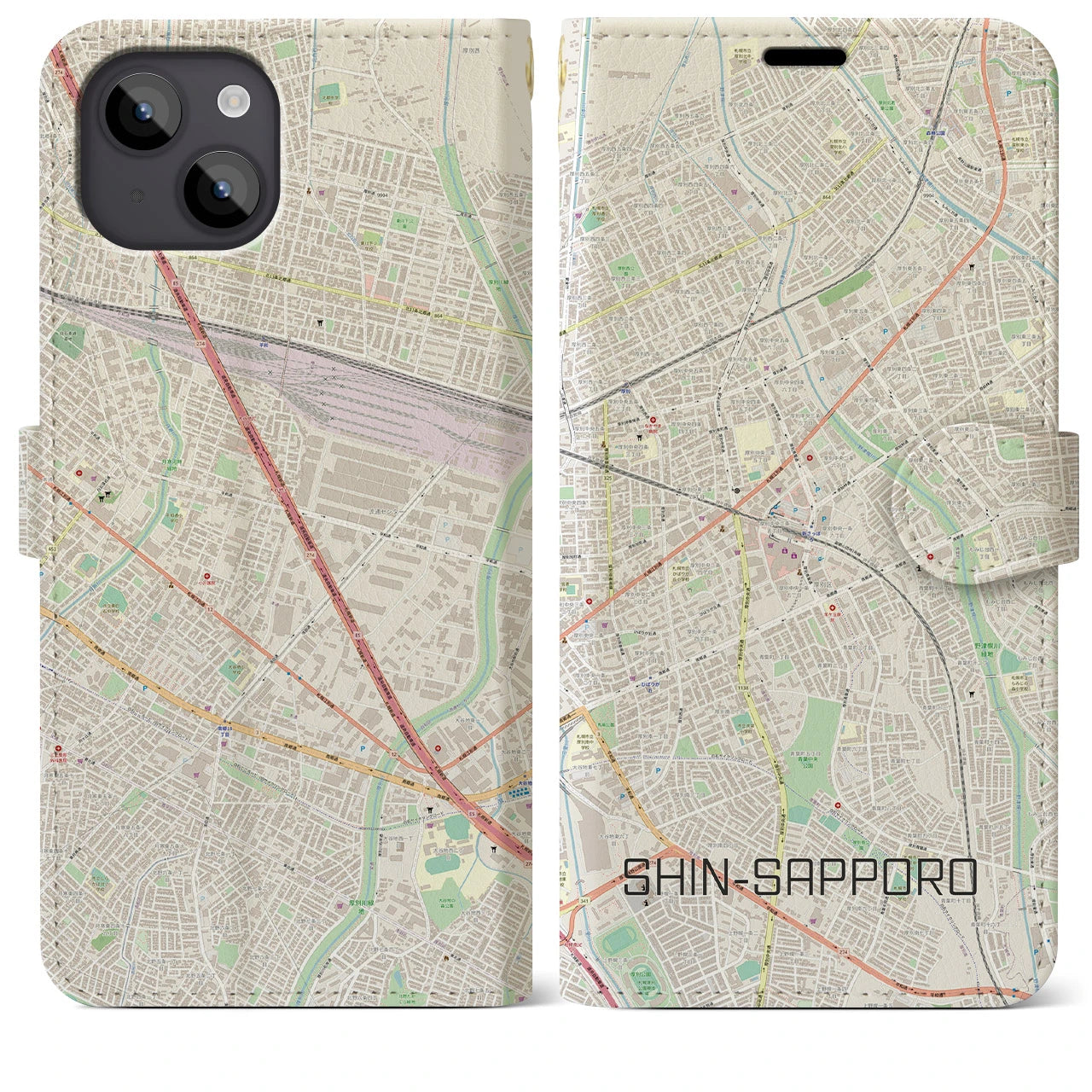 【新札幌(北海道)】地図柄iPhoneケース(手帳タイプ)ナチュラル・iPhone 14 Plus 用