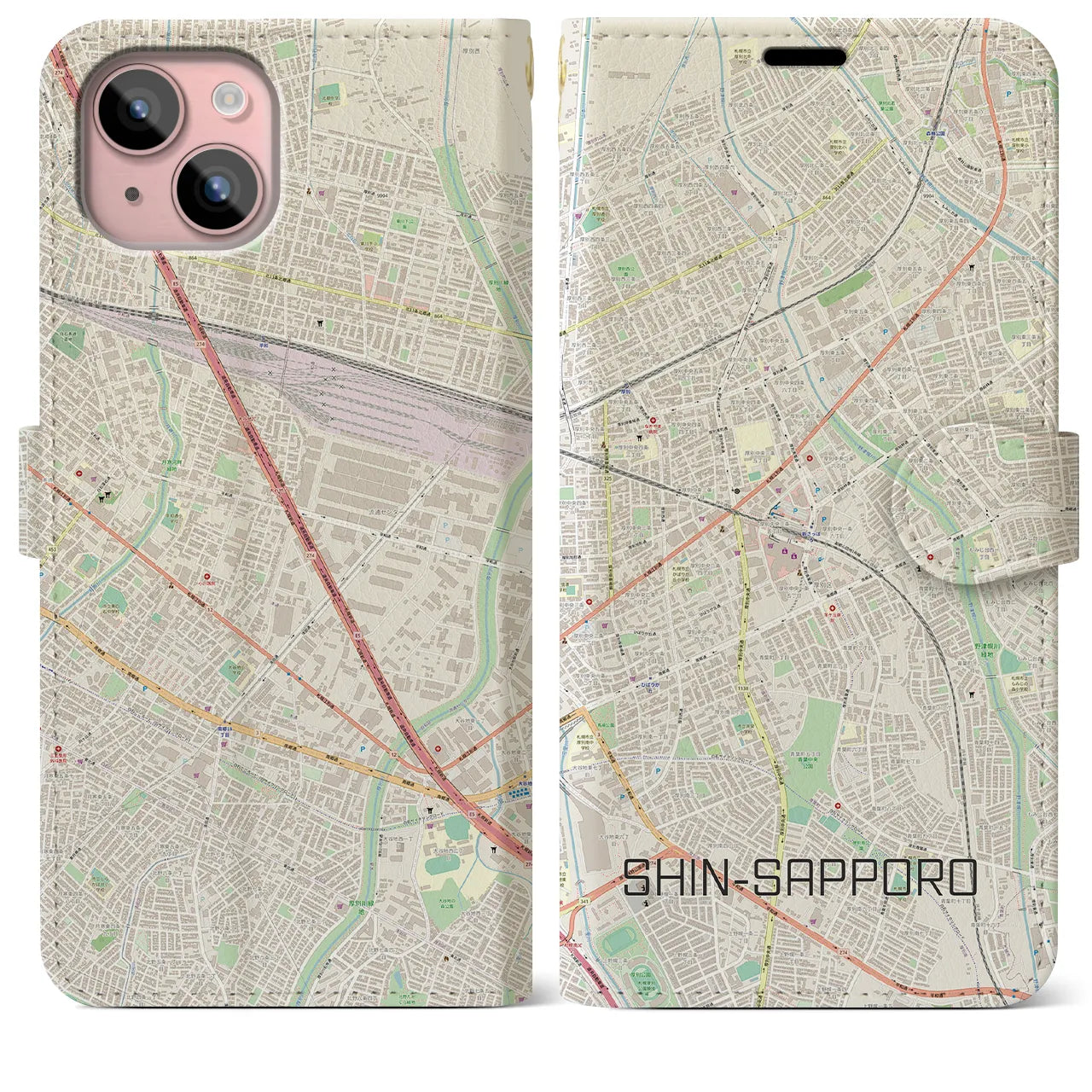 【新札幌(北海道)】地図柄iPhoneケース(手帳タイプ)ナチュラル・iPhone 15 Plus 用