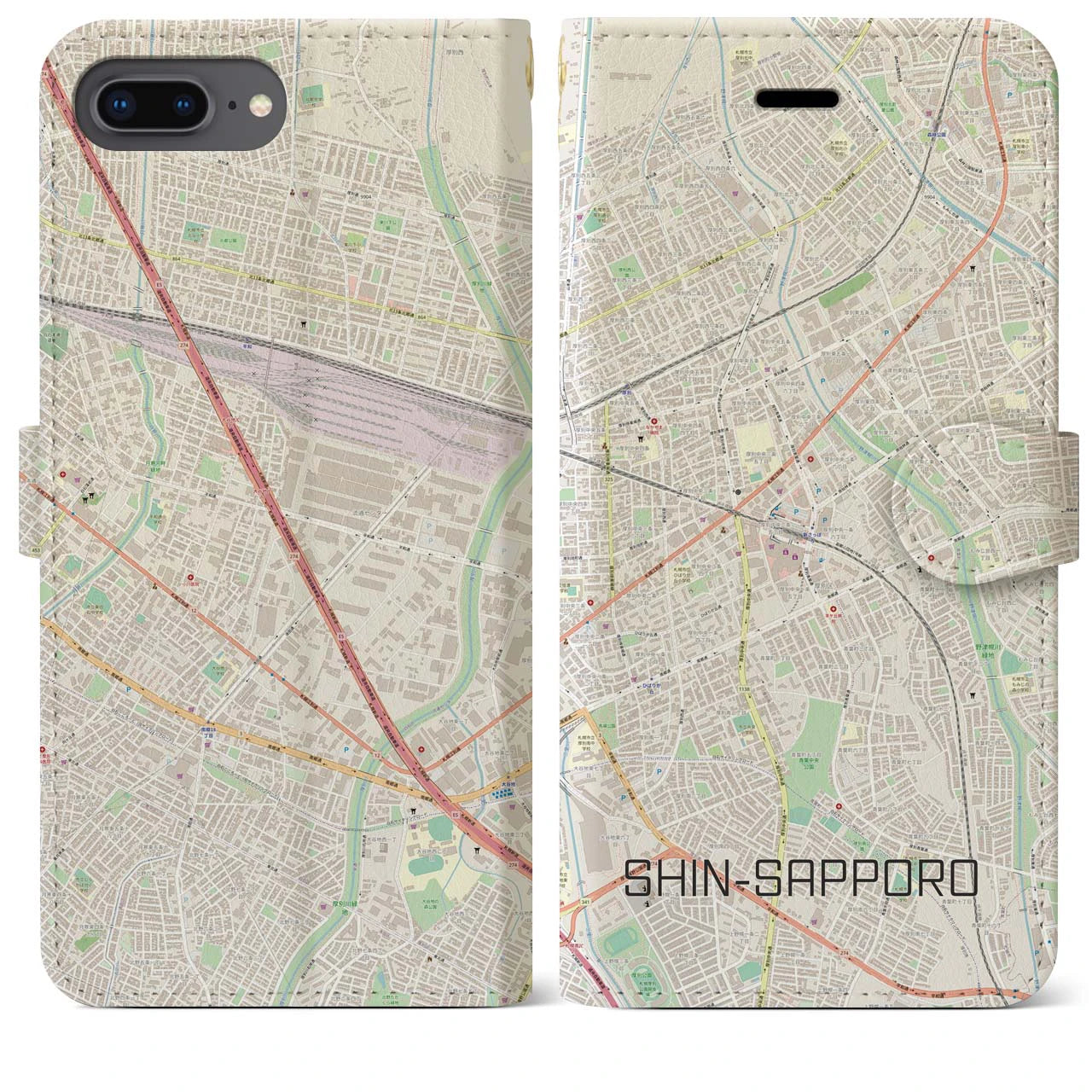 【新札幌(北海道)】地図柄iPhoneケース(手帳タイプ)ナチュラル・iPhone 8Plus /7Plus / 6sPlus / 6Plus 用