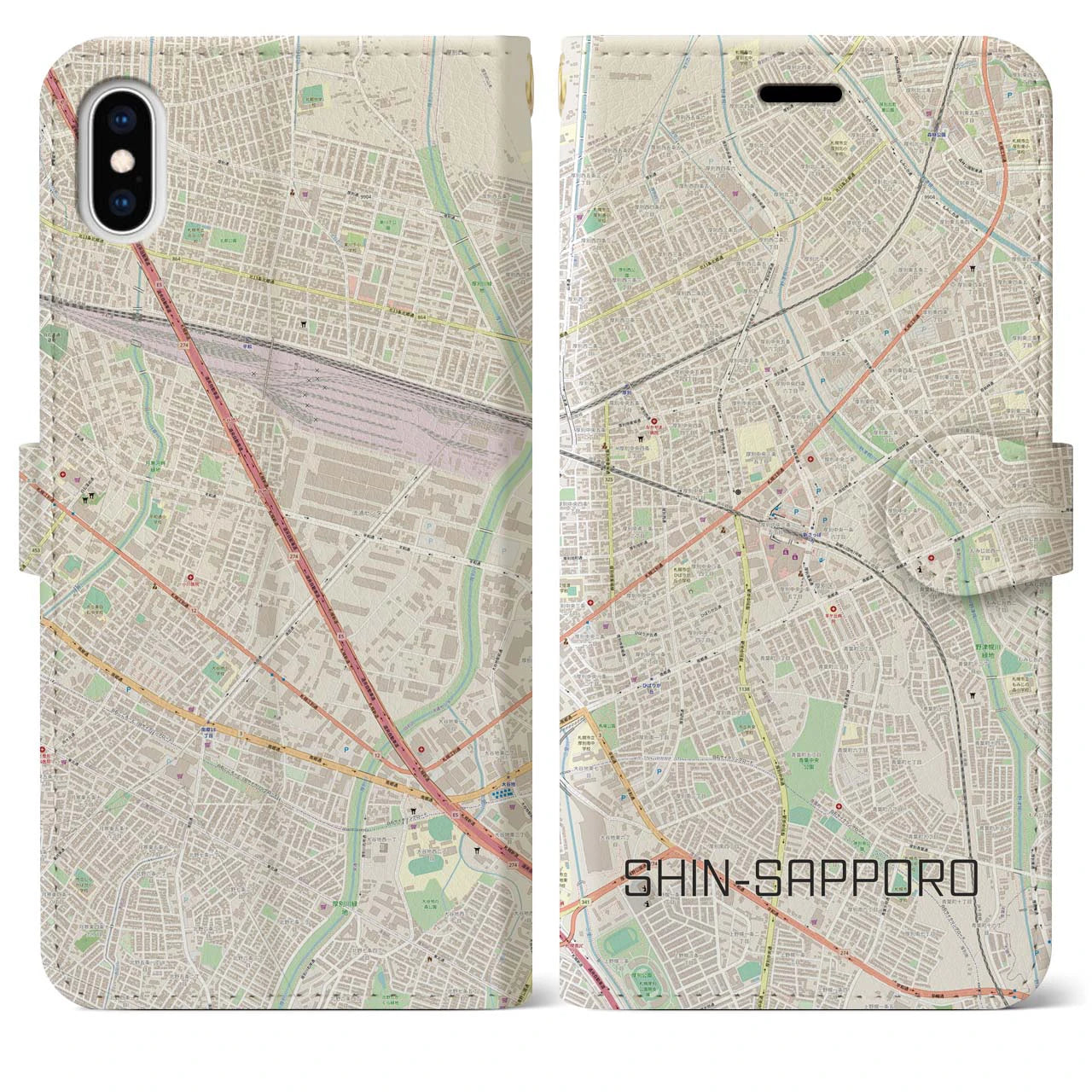 【新札幌(北海道)】地図柄iPhoneケース(手帳タイプ)ナチュラル・iPhone XS Max 用