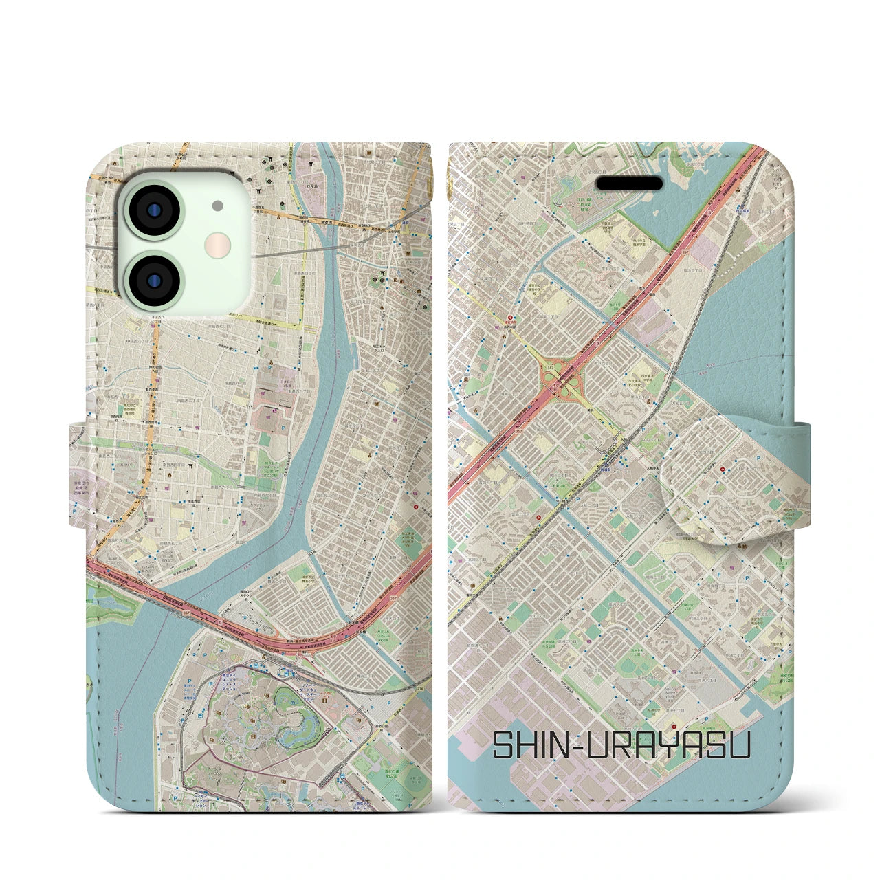 【新浦安(千葉県)】地図柄iPhoneケース(手帳タイプ)ナチュラル・iPhone 12 mini 用