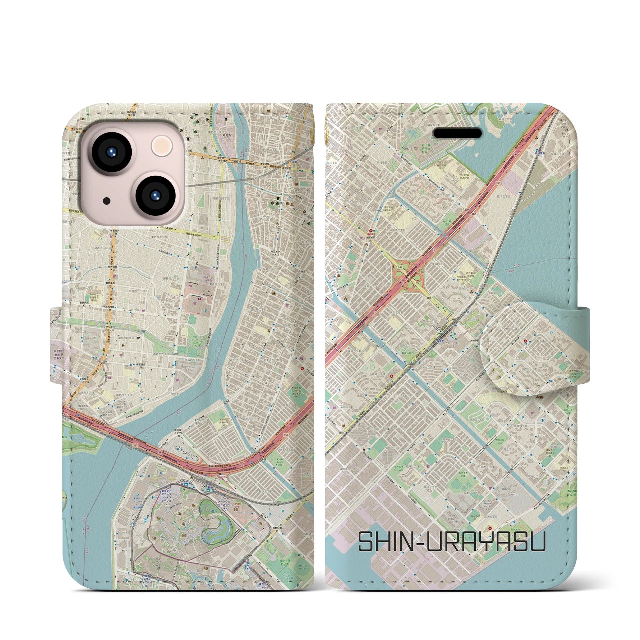 【新浦安(千葉県)】地図柄iPhoneケース(手帳タイプ)ナチュラル・iPhone 13 mini 用