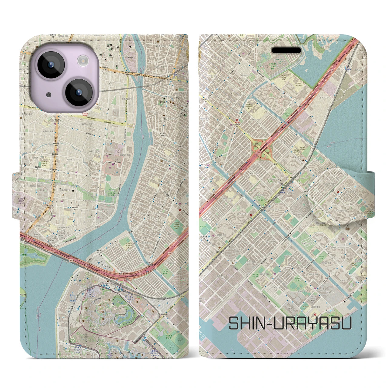 【新浦安(千葉県)】地図柄iPhoneケース(手帳タイプ)ナチュラル・iPhone 14 用