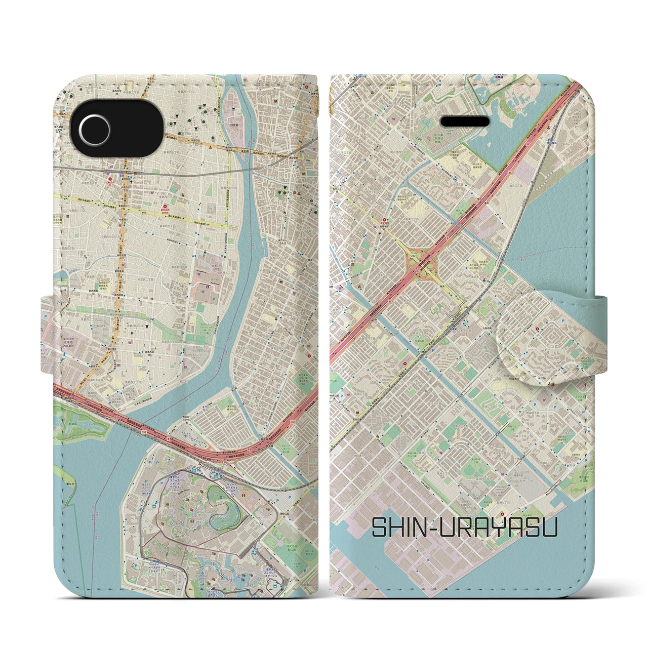 【新浦安(千葉県)】地図柄iPhoneケース(手帳タイプ)ナチュラル・iPhone SE(第3 / 第2世代) / 8 / 7 / 6s / 6 用