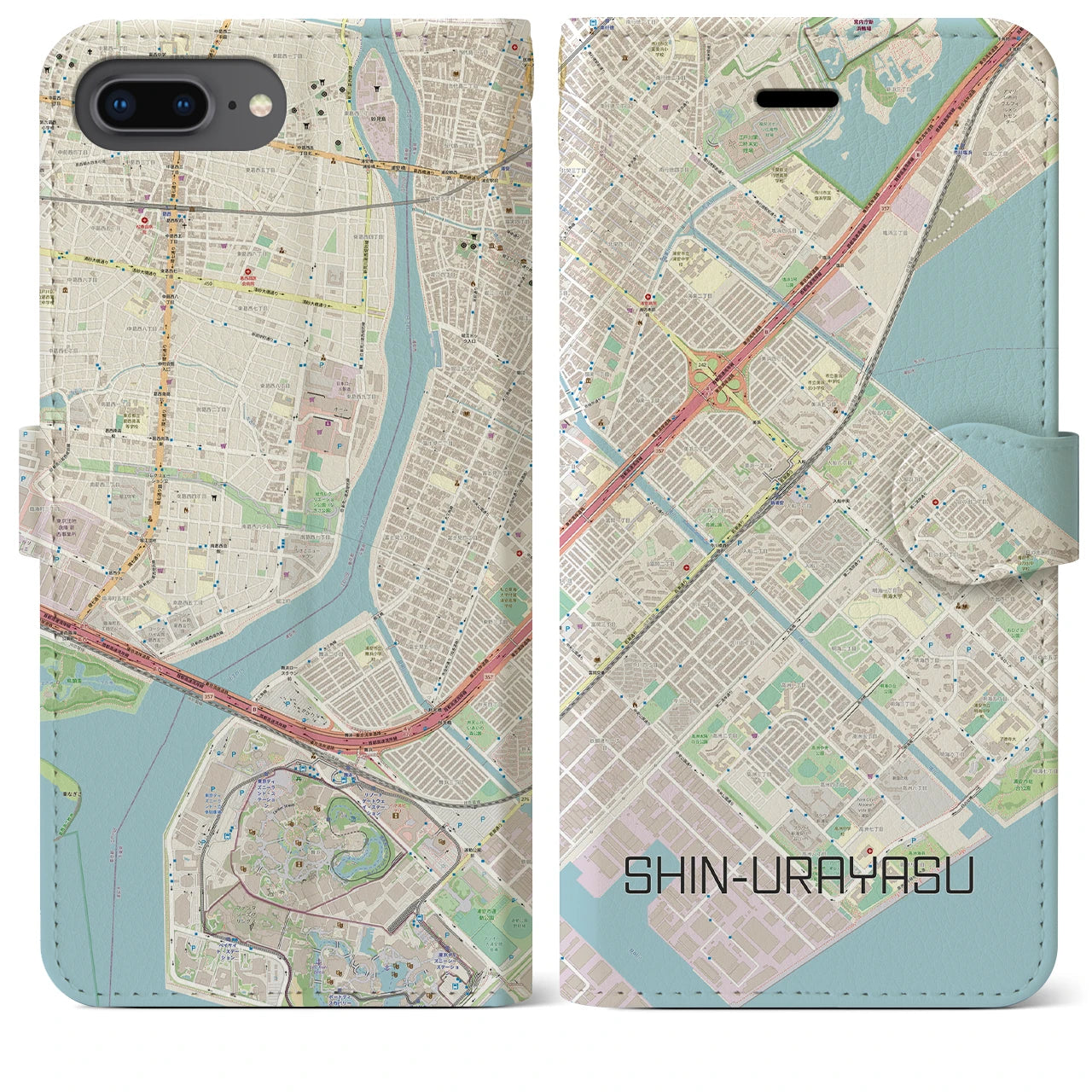 【新浦安(千葉県)】地図柄iPhoneケース(手帳タイプ)ナチュラル・iPhone 8Plus /7Plus / 6sPlus / 6Plus 用