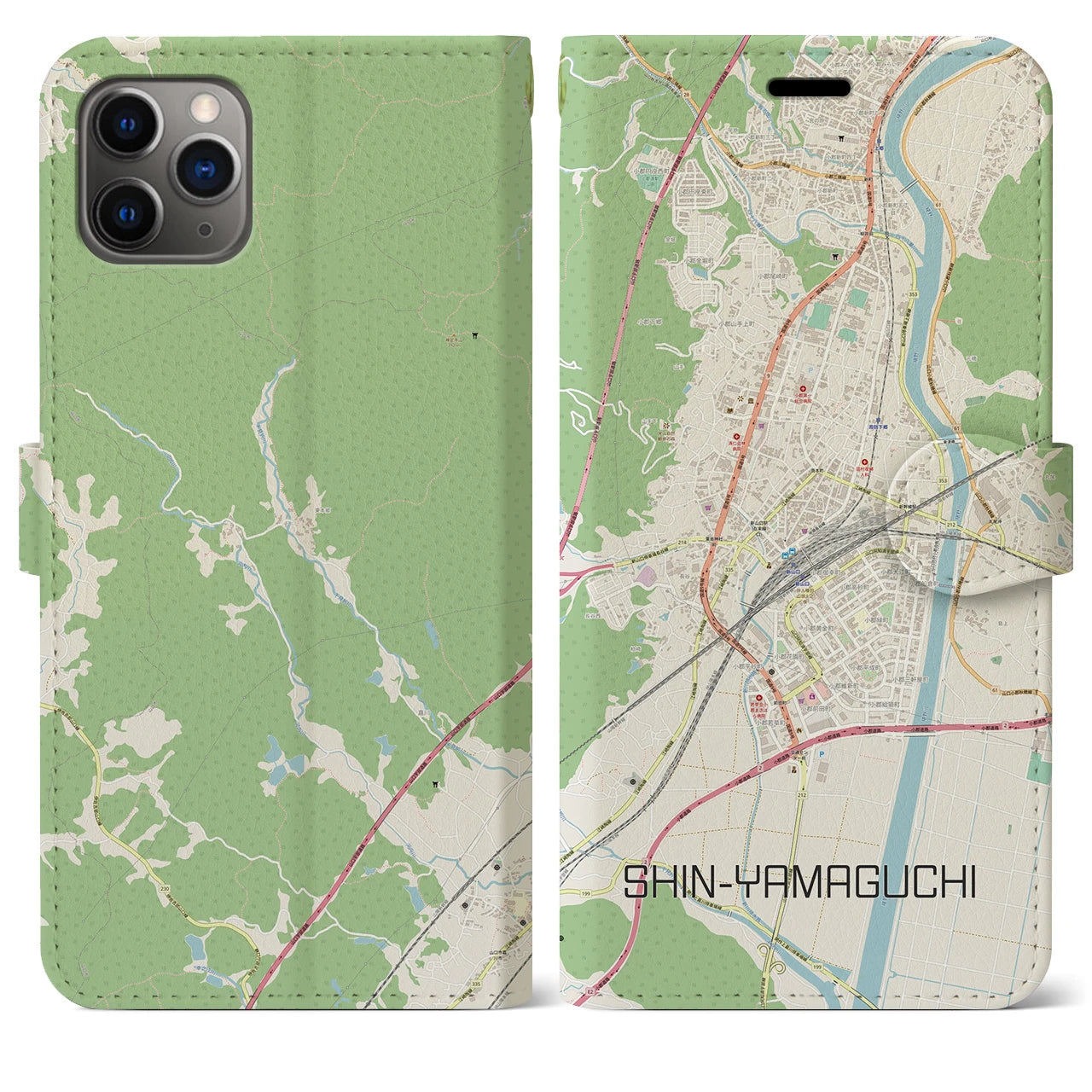 【新山口(山口県)】地図柄iPhoneケース(手帳タイプ)ナチュラル・iPhone 11 Pro Max 用