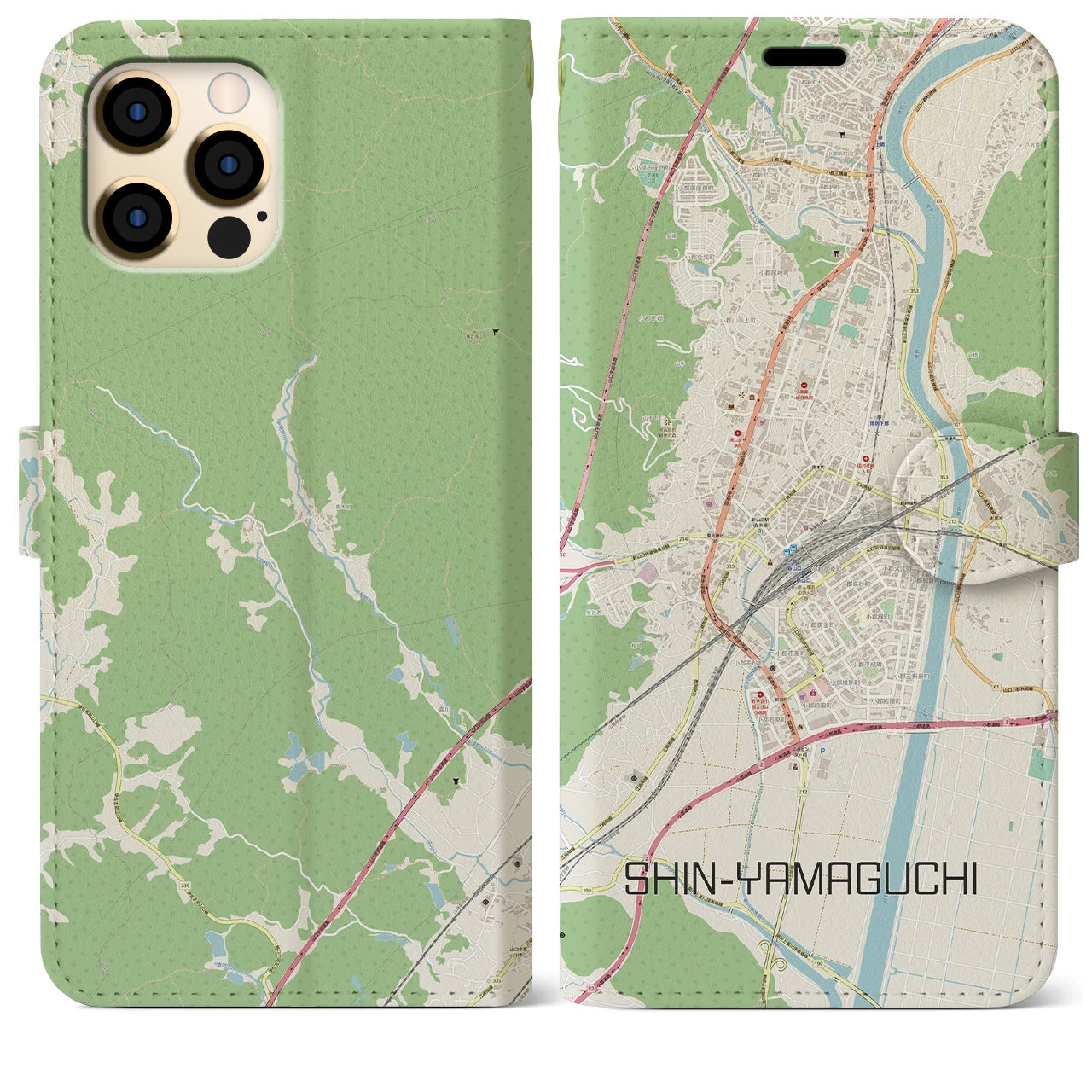 【新山口(山口県)】地図柄iPhoneケース(手帳タイプ)ナチュラル・iPhone 12 Pro Max 用