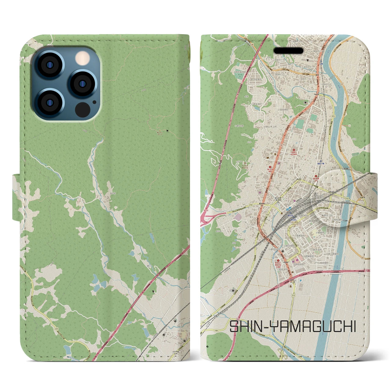 【新山口(山口県)】地図柄iPhoneケース(手帳タイプ)ナチュラル・iPhone 12 / 12 Pro 用