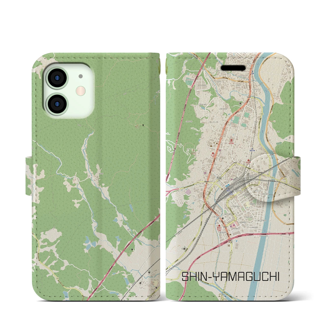 【新山口(山口県)】地図柄iPhoneケース(手帳タイプ)ナチュラル・iPhone 12 mini 用