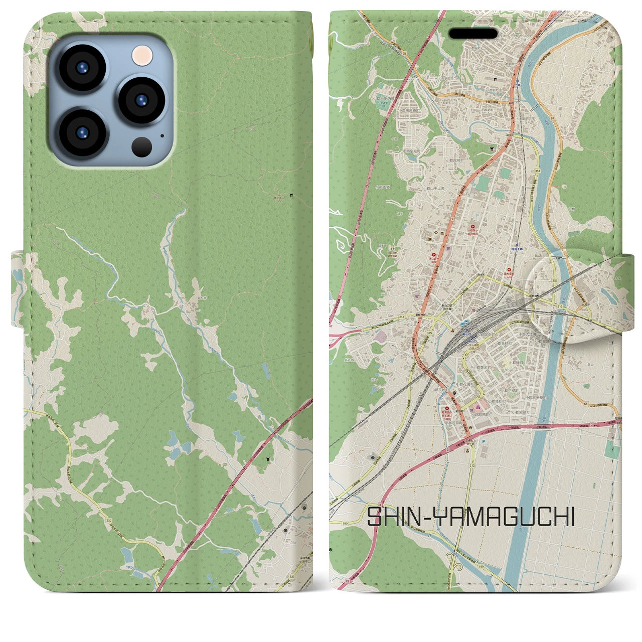 【新山口(山口県)】地図柄iPhoneケース(手帳タイプ)ナチュラル・iPhone 13 Pro Max 用