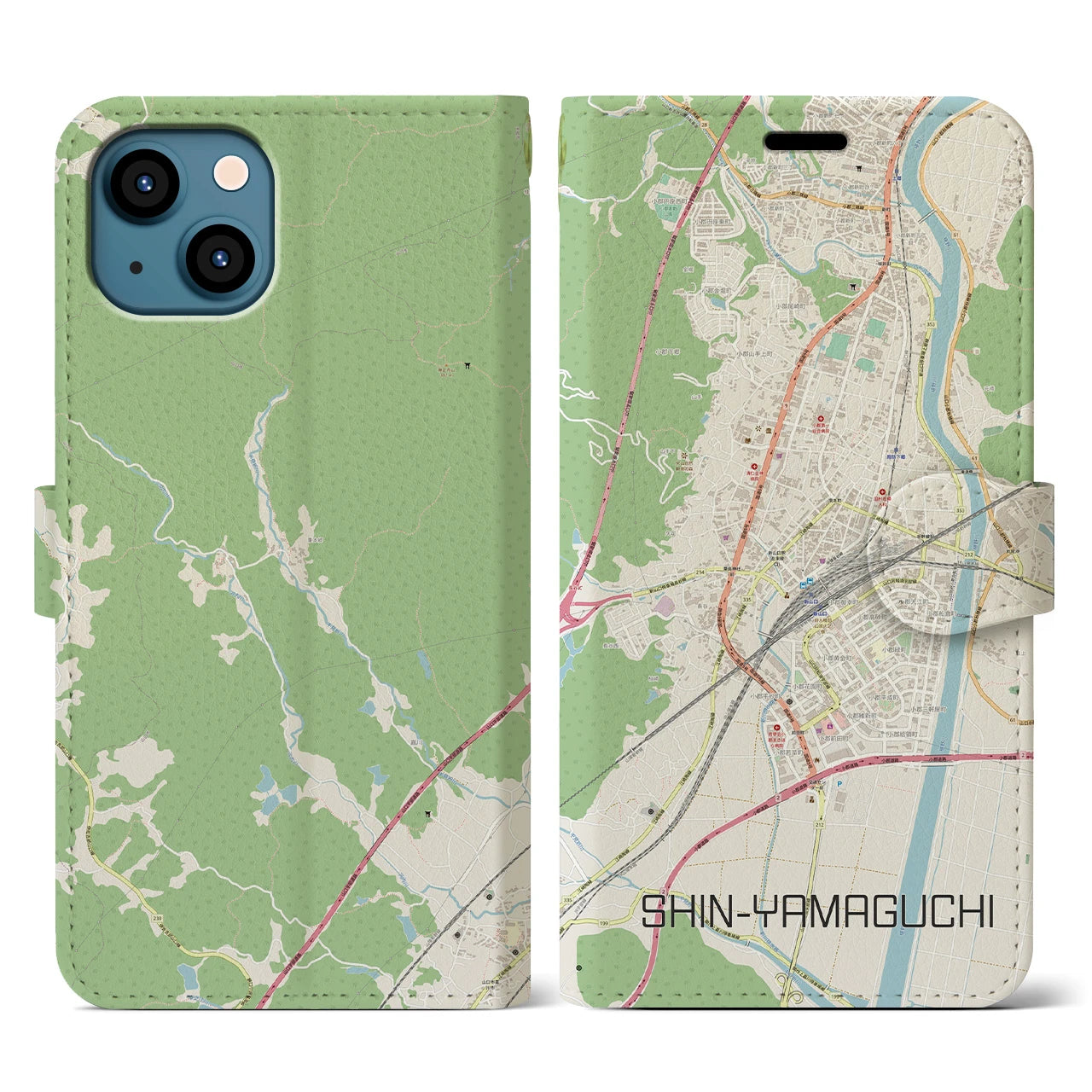 【新山口(山口県)】地図柄iPhoneケース(手帳タイプ)ナチュラル・iPhone 13 用