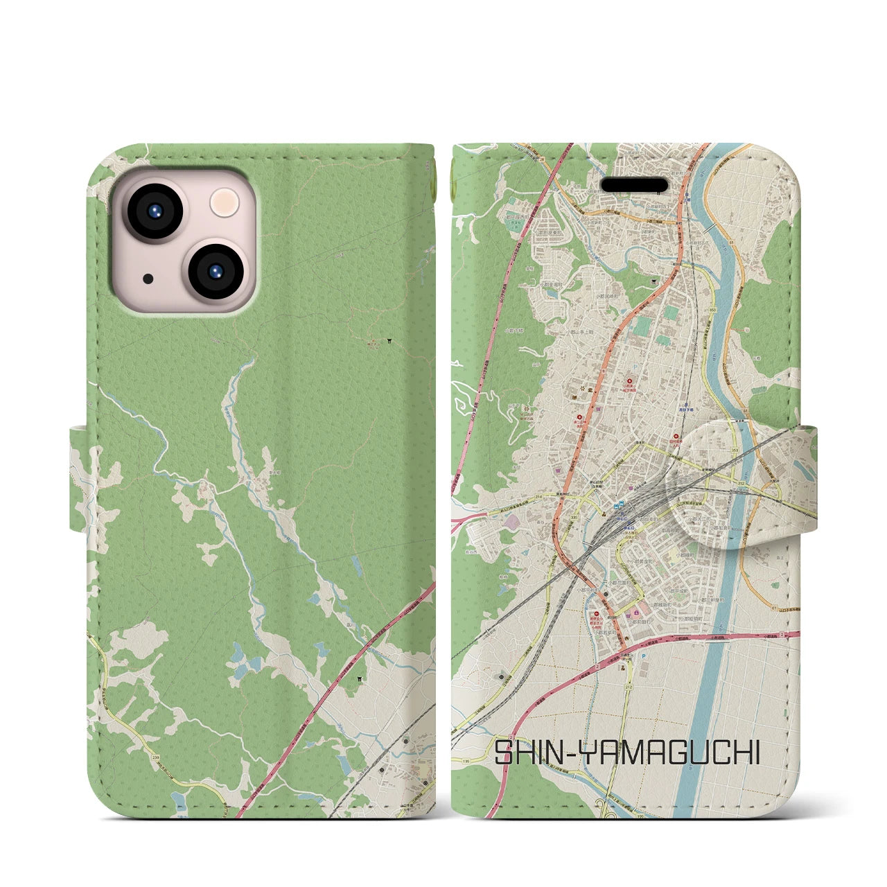 【新山口(山口県)】地図柄iPhoneケース(手帳タイプ)ナチュラル・iPhone 13 mini 用