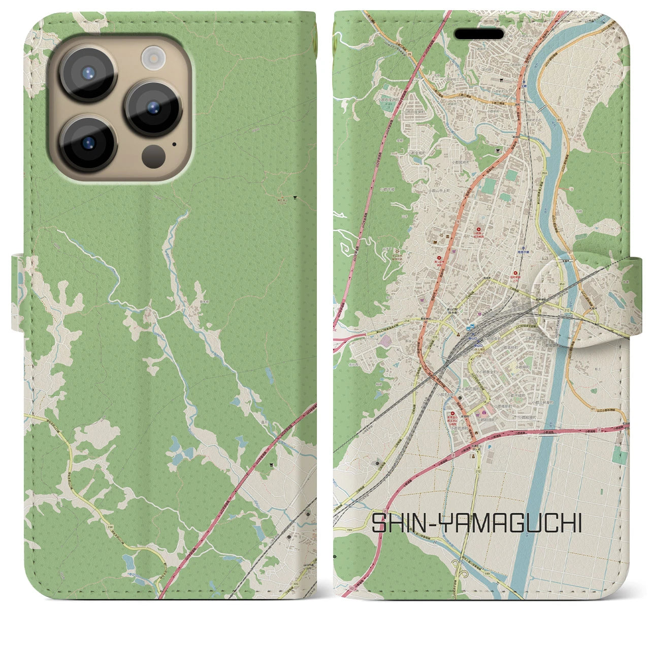 【新山口(山口県)】地図柄iPhoneケース(手帳タイプ)ナチュラル・iPhone 14 Pro Max 用