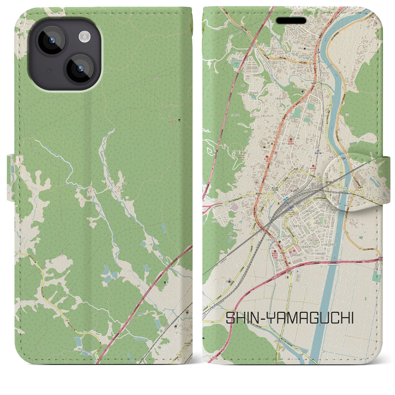 【新山口(山口県)】地図柄iPhoneケース(手帳タイプ)ナチュラル・iPhone 14 Plus 用