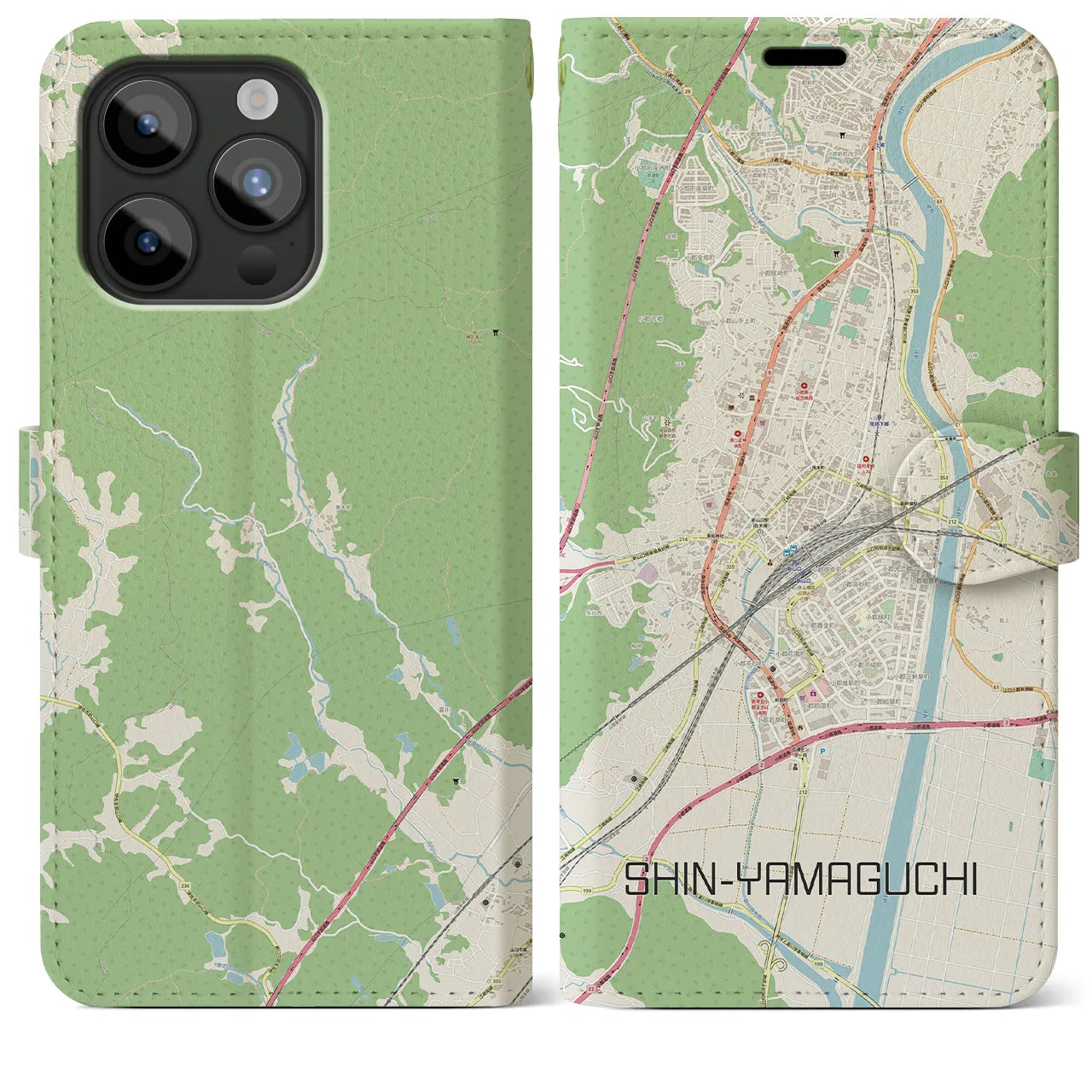 【新山口(山口県)】地図柄iPhoneケース(手帳タイプ)ナチュラル・iPhone 15 Pro Max 用