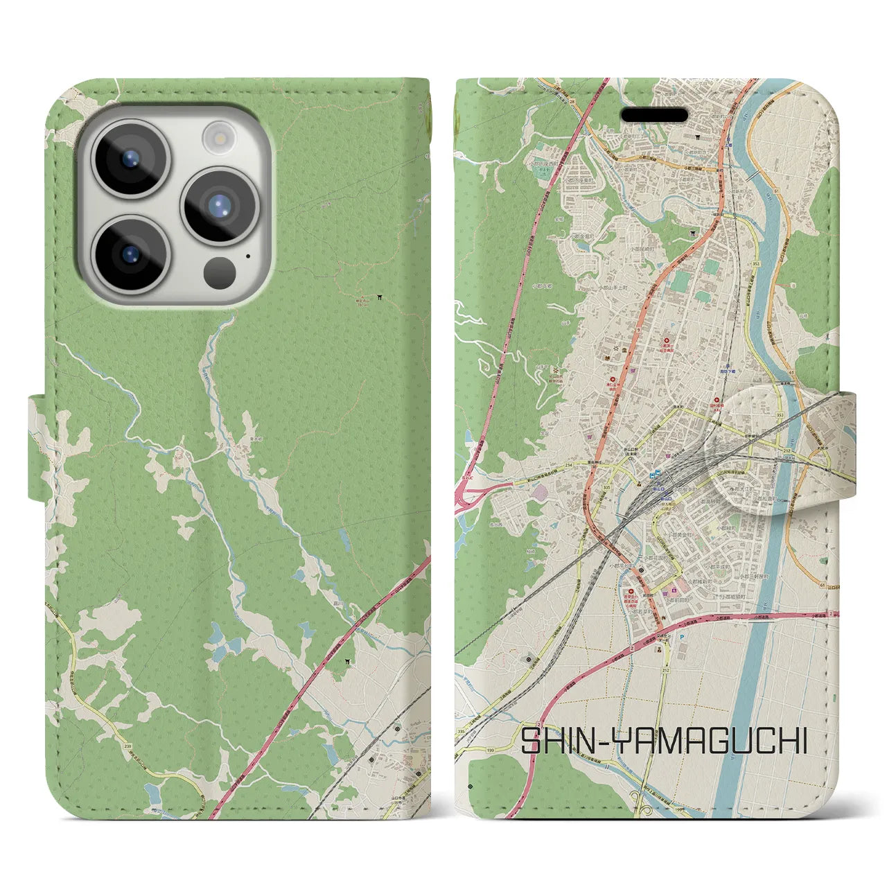 【新山口(山口県)】地図柄iPhoneケース(手帳タイプ)ナチュラル・iPhone 15 Pro 用