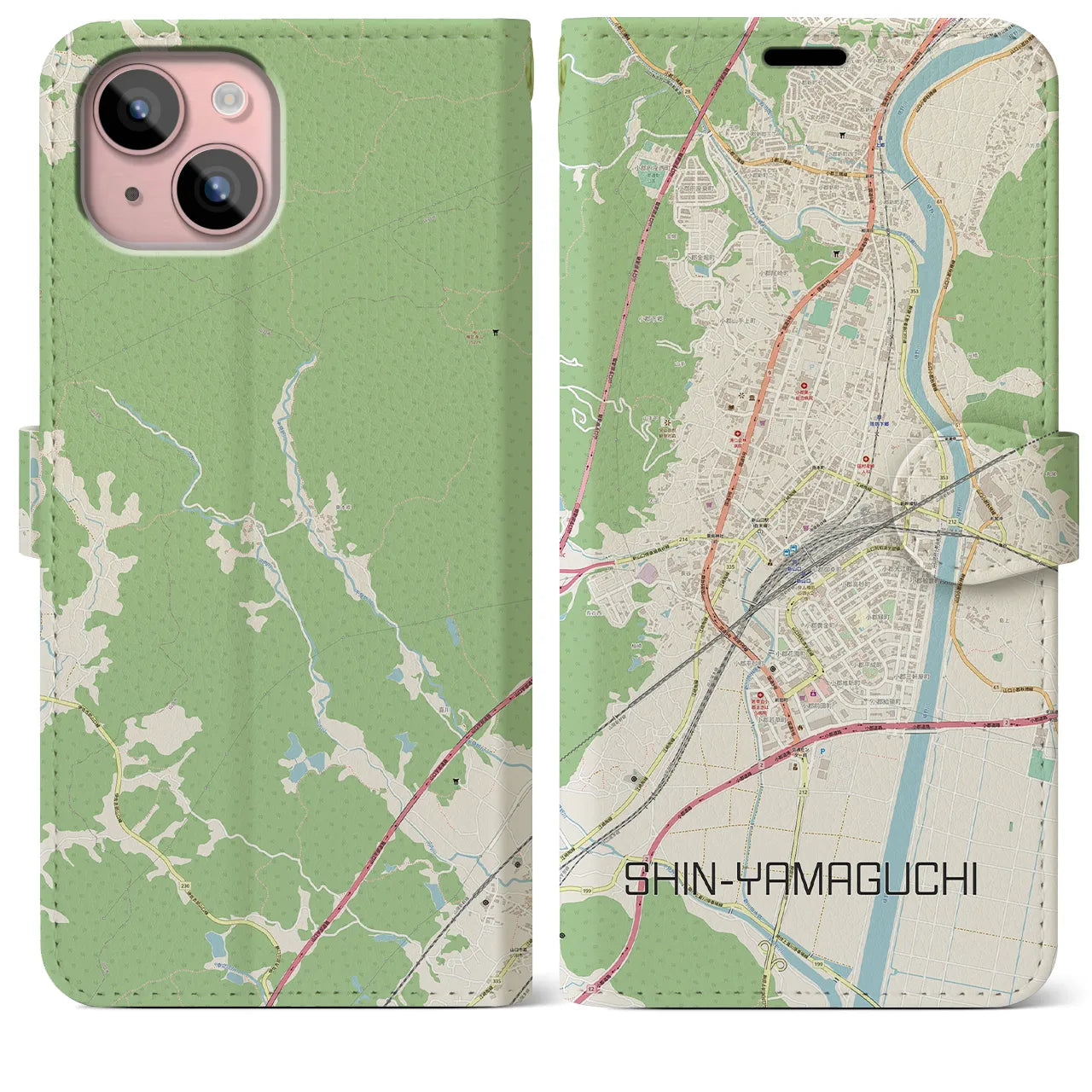 【新山口(山口県)】地図柄iPhoneケース(手帳タイプ)ナチュラル・iPhone 15 Plus 用
