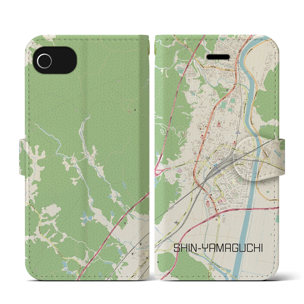 【新山口(山口県)】地図柄iPhoneケース(手帳タイプ)ナチュラル・iPhone SE(第3 / 第2世代) / 8 / 7 / 6s / 6 用