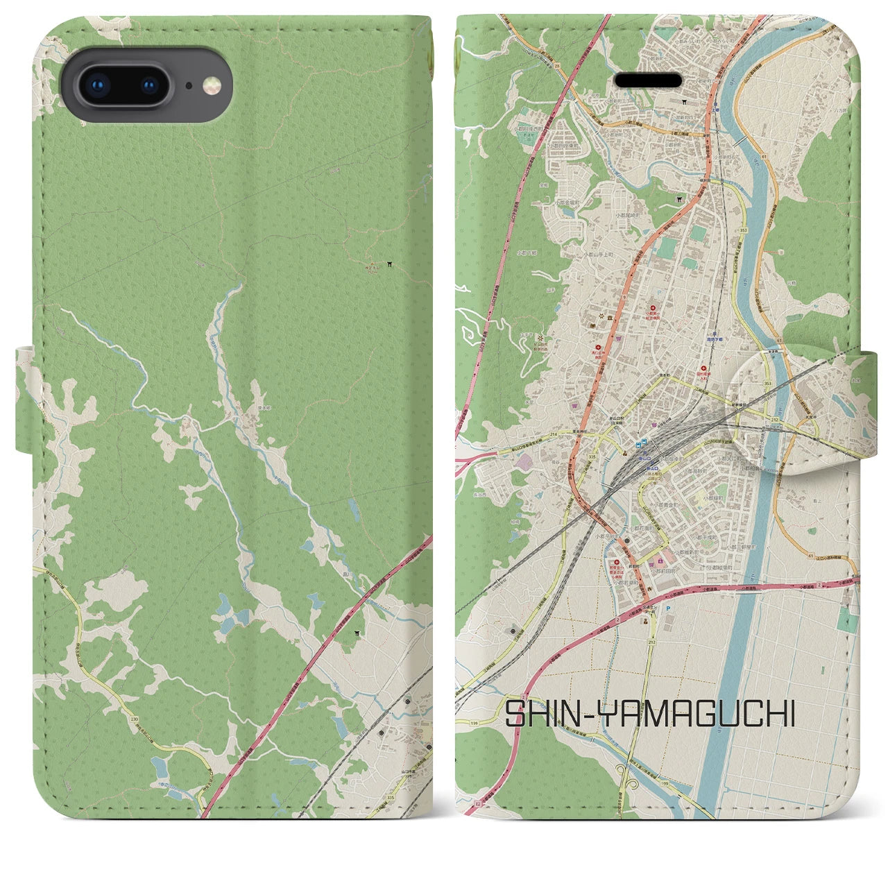 【新山口(山口県)】地図柄iPhoneケース(手帳タイプ)ナチュラル・iPhone 8Plus /7Plus / 6sPlus / 6Plus 用