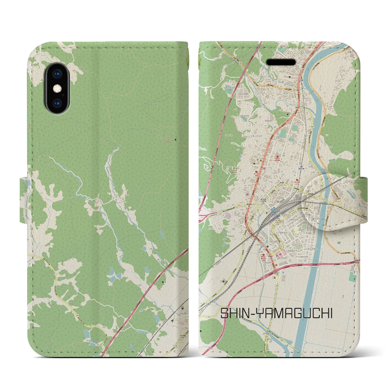 【新山口(山口県)】地図柄iPhoneケース(手帳タイプ)ナチュラル・iPhone XS / X 用