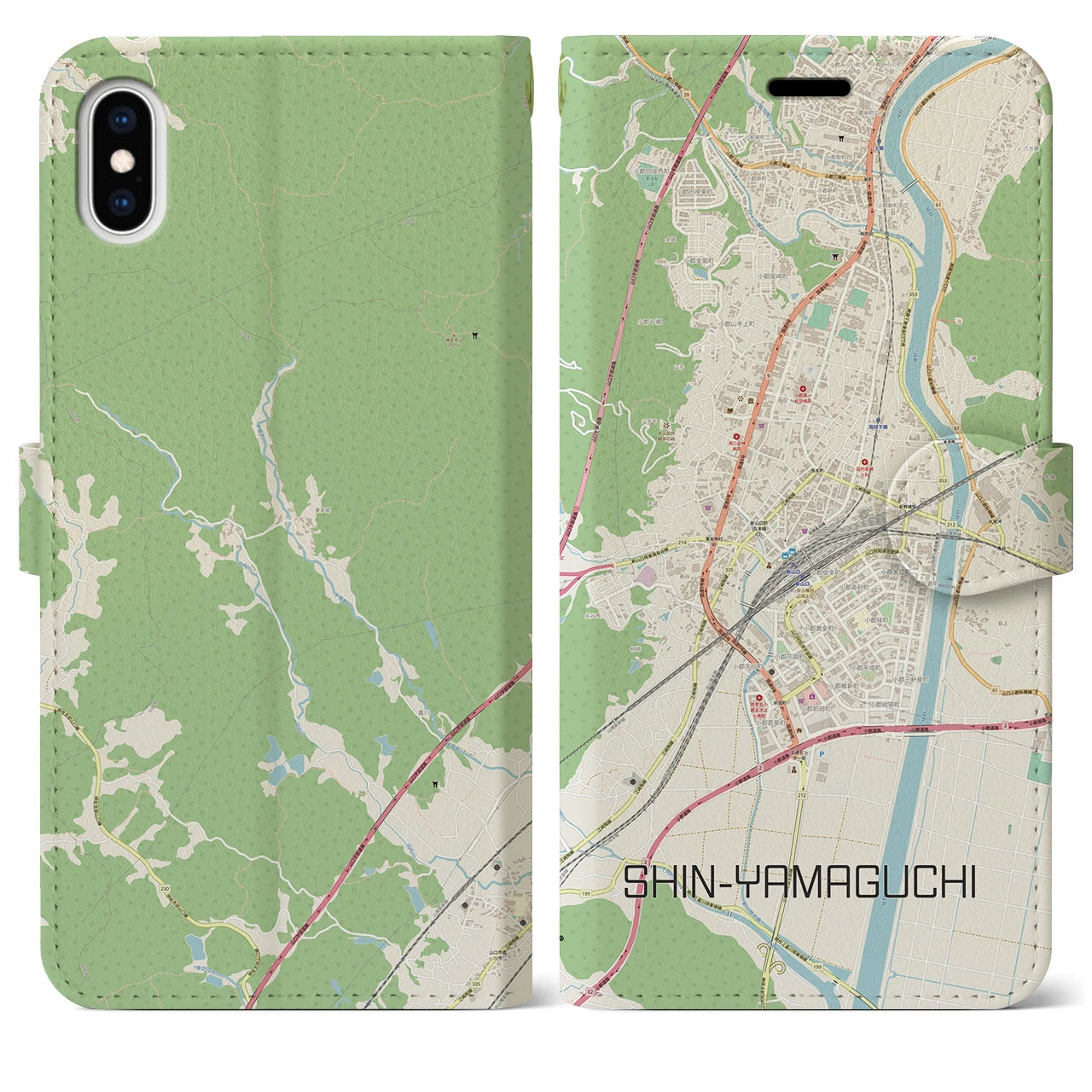 【新山口(山口県)】地図柄iPhoneケース(手帳タイプ)ナチュラル・iPhone XS Max 用