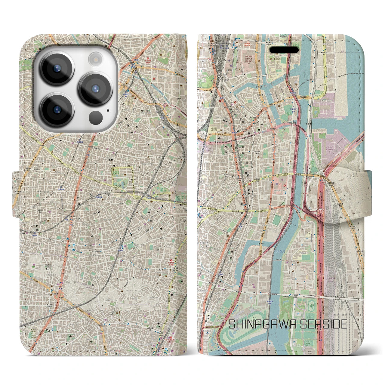 【品川シーサイド(東京都)】地図柄iPhoneケース(手帳タイプ)ナチュラル・iPhone 14 Pro 用