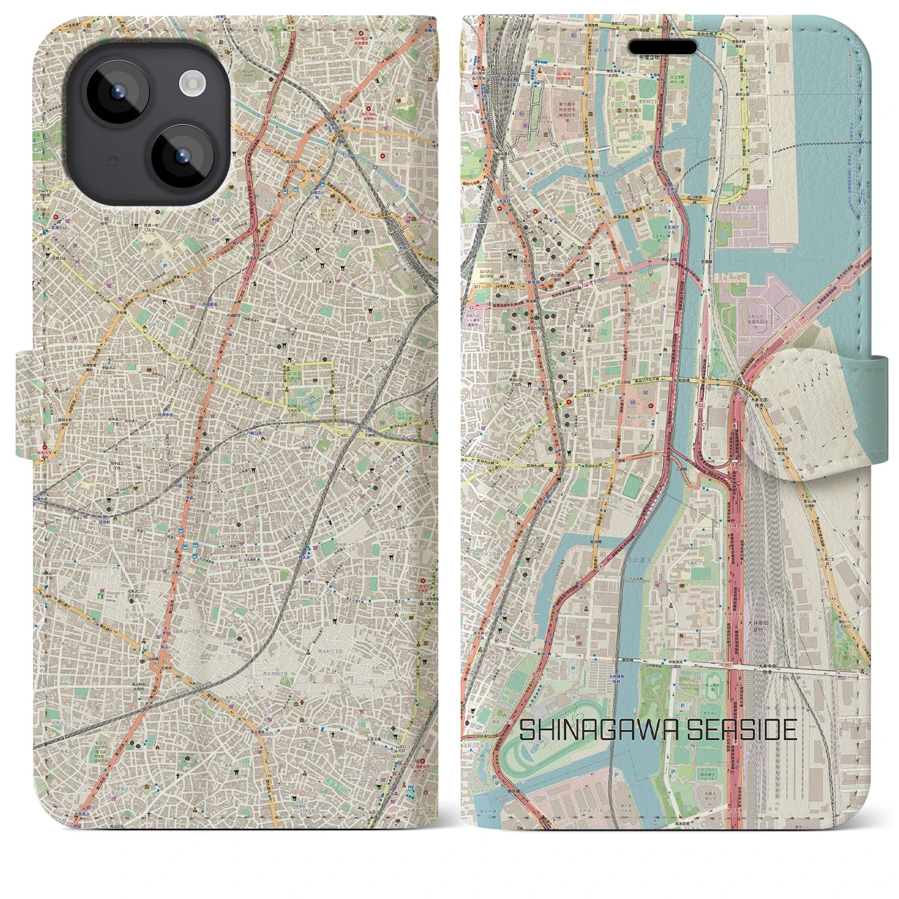 【品川シーサイド(東京都)】地図柄iPhoneケース(手帳タイプ)ナチュラル・iPhone 14 Plus 用