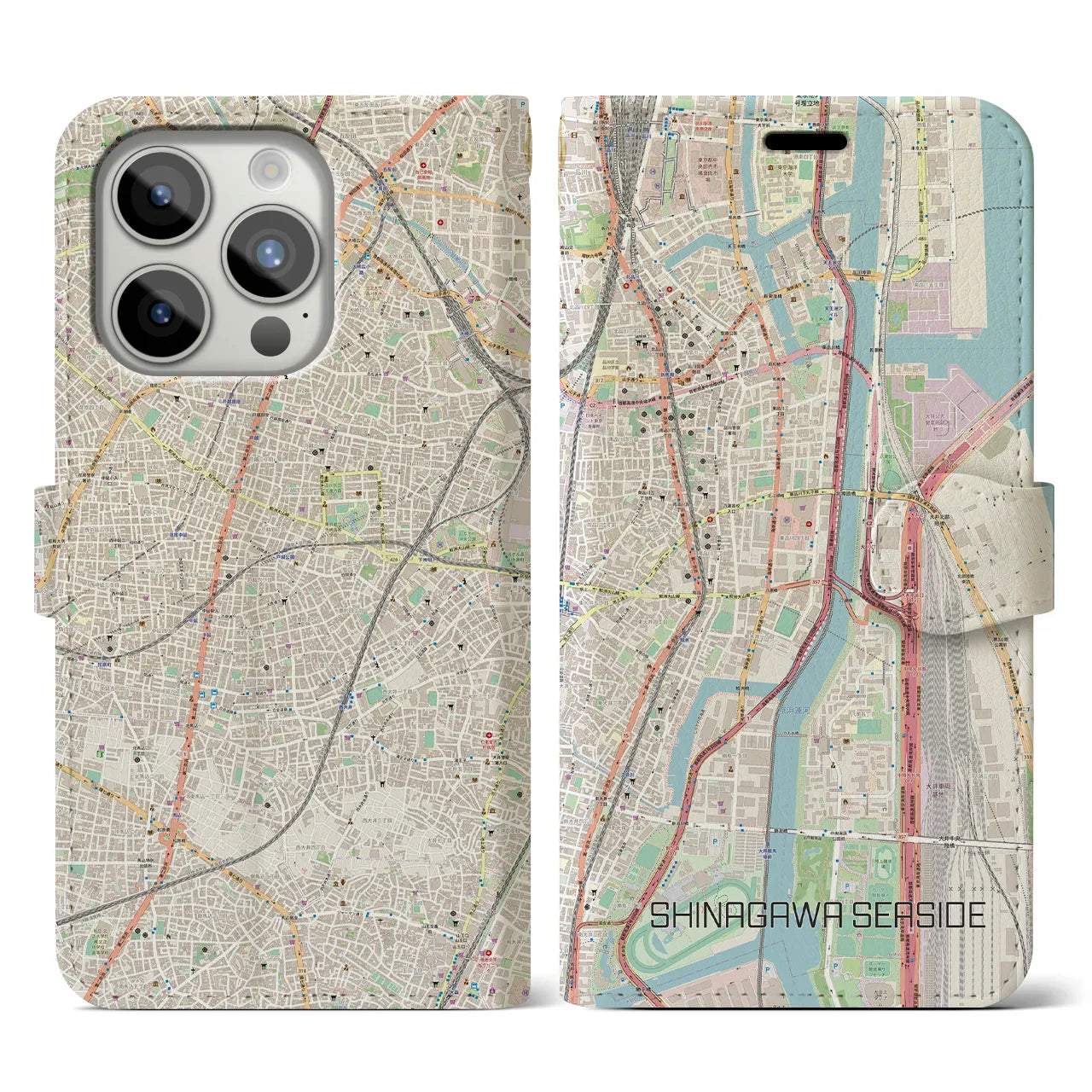 【品川シーサイド(東京都)】地図柄iPhoneケース(手帳タイプ)ナチュラル・iPhone 15 Pro 用