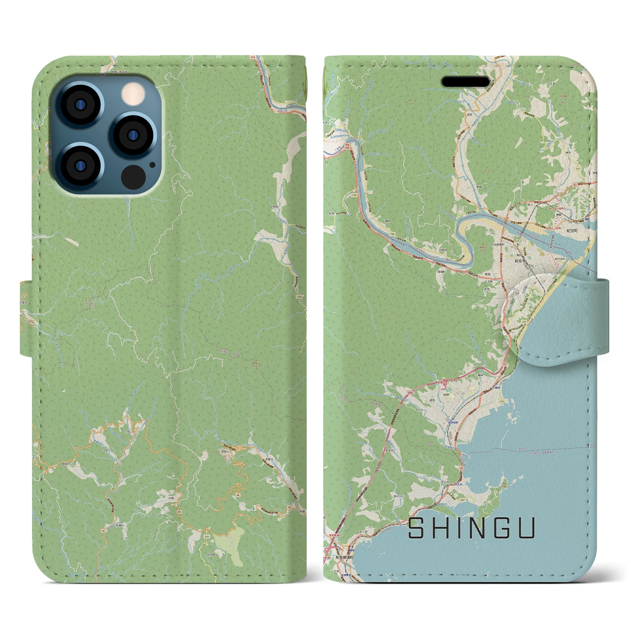 【新宮(和歌山県)】地図柄iPhoneケース(手帳タイプ)ナチュラル・iPhone 12 / 12 Pro 用
