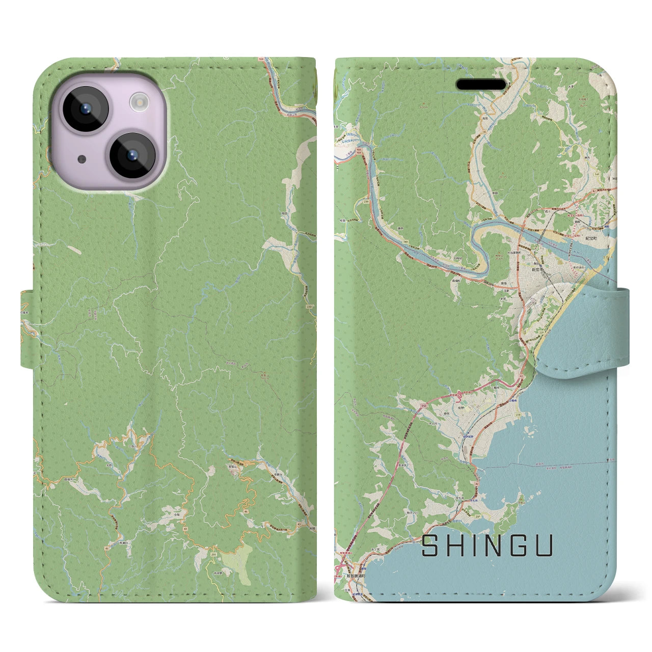 【新宮(和歌山県)】地図柄iPhoneケース(手帳タイプ)ナチュラル・iPhone 14 用