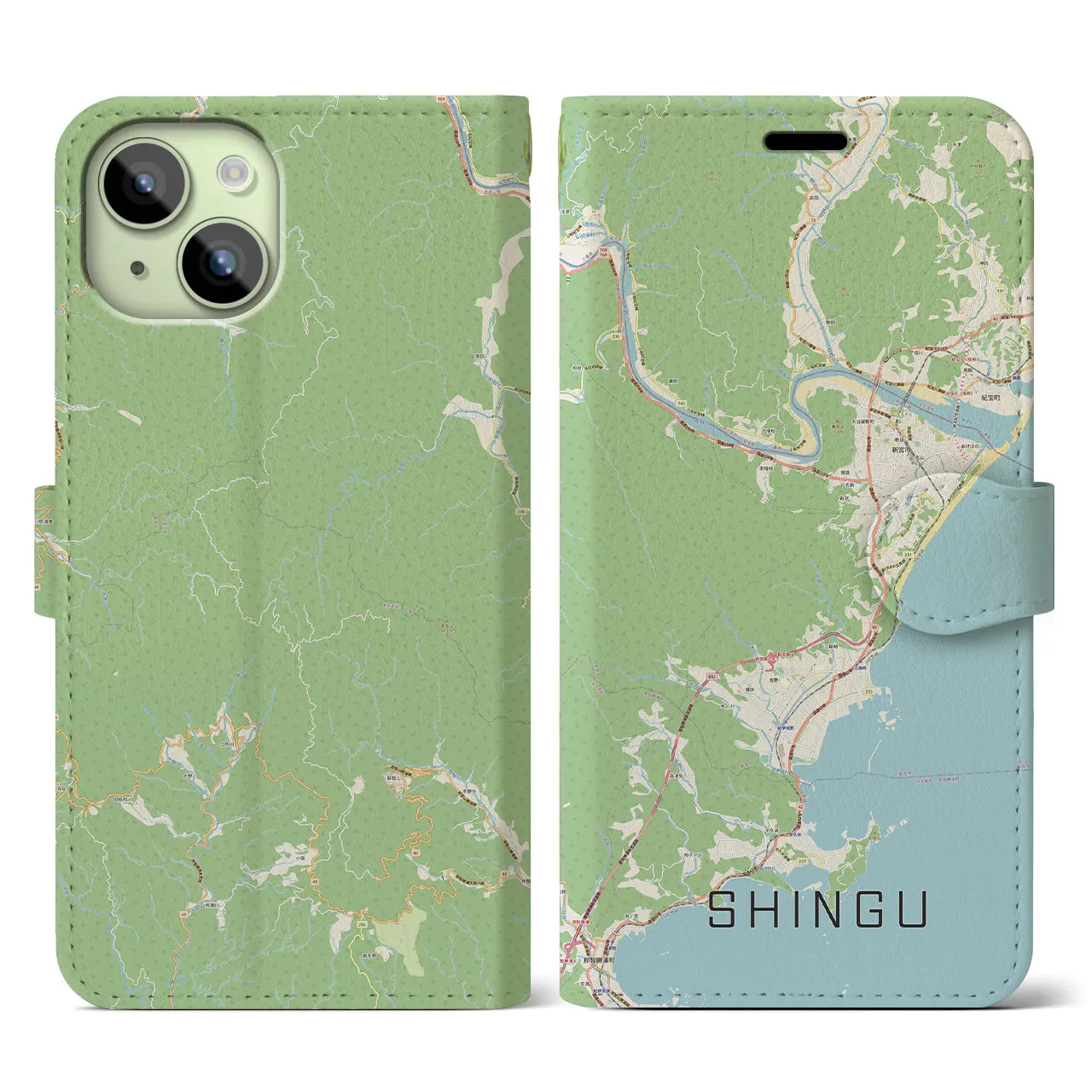 【新宮(和歌山県)】地図柄iPhoneケース(手帳タイプ)ナチュラル・iPhone 15 用