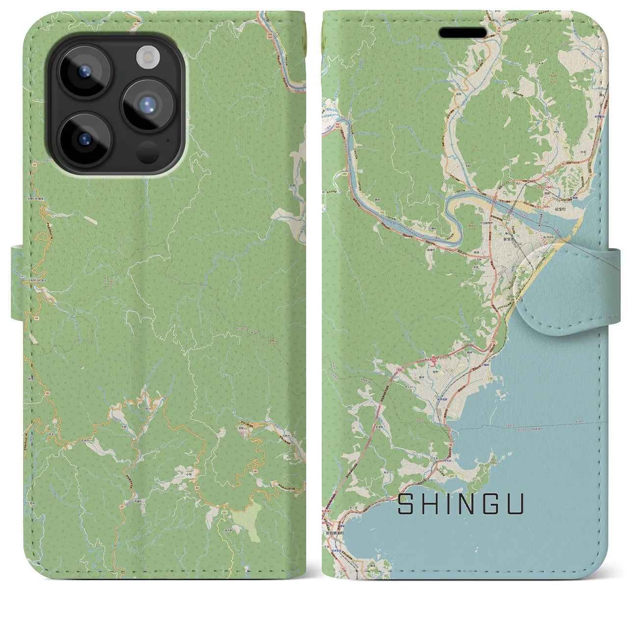 【新宮(和歌山県)】地図柄iPhoneケース(手帳タイプ)ナチュラル・iPhone 15 Pro Max 用