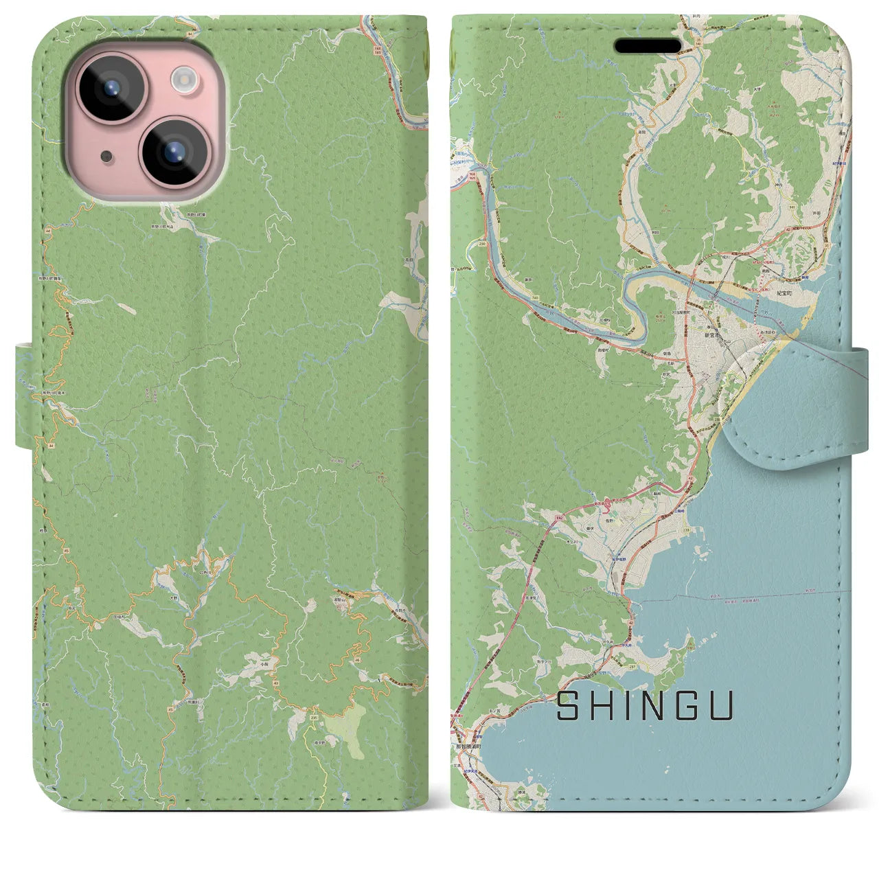 【新宮(和歌山県)】地図柄iPhoneケース(手帳タイプ)ナチュラル・iPhone 15 Plus 用