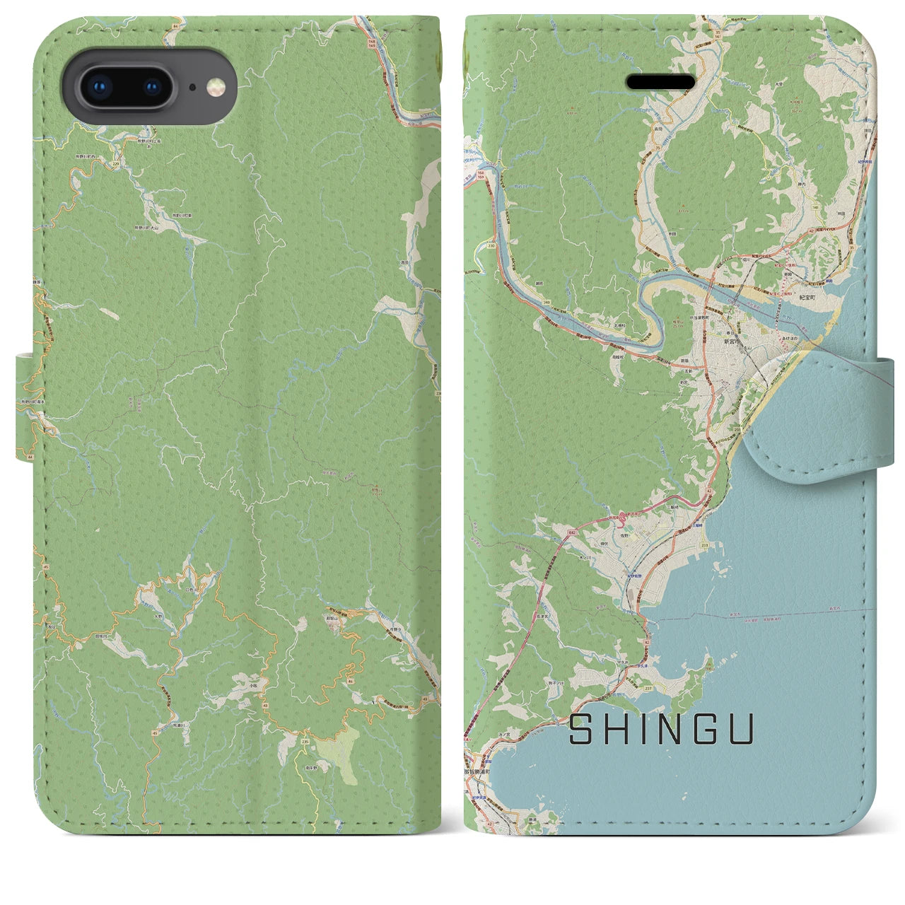 【新宮(和歌山県)】地図柄iPhoneケース(手帳タイプ)ナチュラル・iPhone 8Plus /7Plus / 6sPlus / 6Plus 用