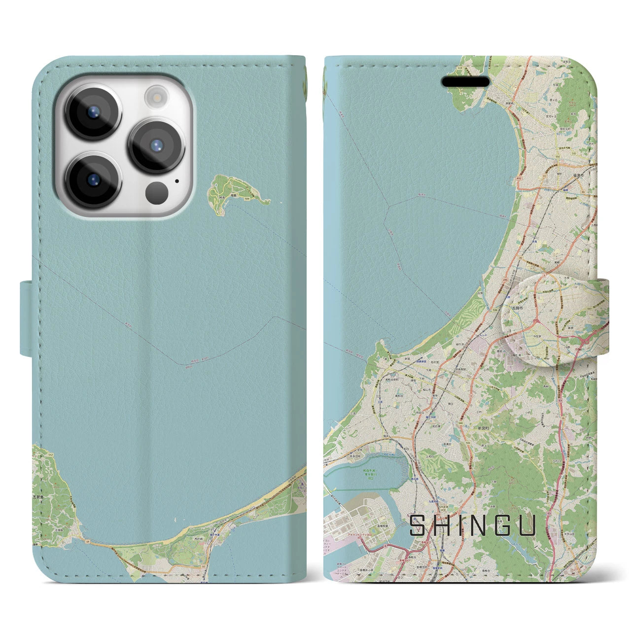 【新宮(福岡県)】地図柄iPhoneケース(手帳タイプ)ナチュラル・iPhone 14 Pro 用