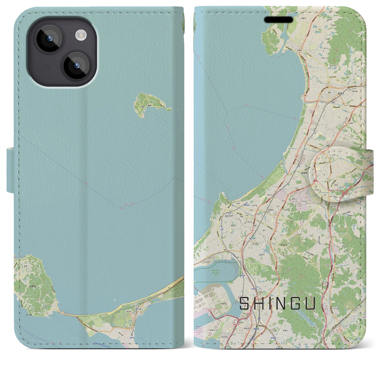 【新宮(福岡県)】地図柄iPhoneケース(手帳タイプ)ナチュラル・iPhone 14 Plus 用