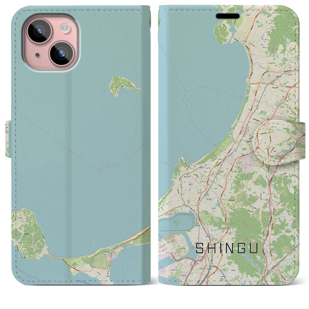 【新宮(福岡県)】地図柄iPhoneケース(手帳タイプ)ナチュラル・iPhone 15 Plus 用