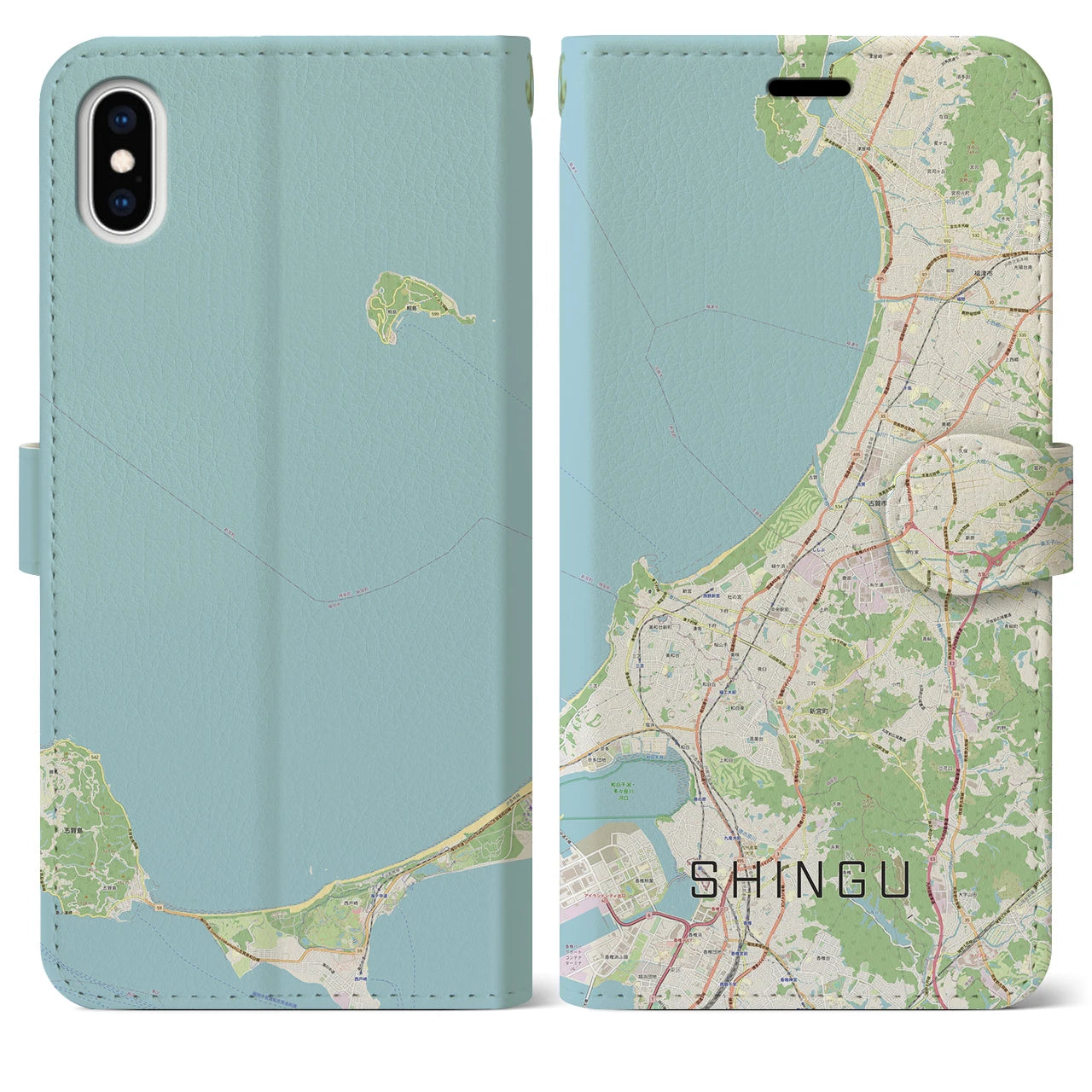 【新宮(福岡県)】地図柄iPhoneケース(手帳タイプ)ナチュラル・iPhone XS Max 用