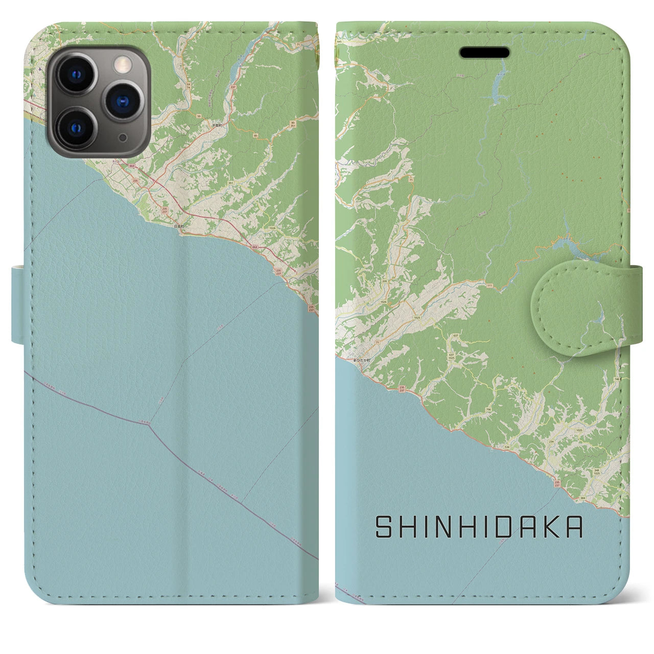 【新ひだか(北海道)】地図柄iPhoneケース(手帳タイプ)ナチュラル・iPhone 11 Pro Max 用