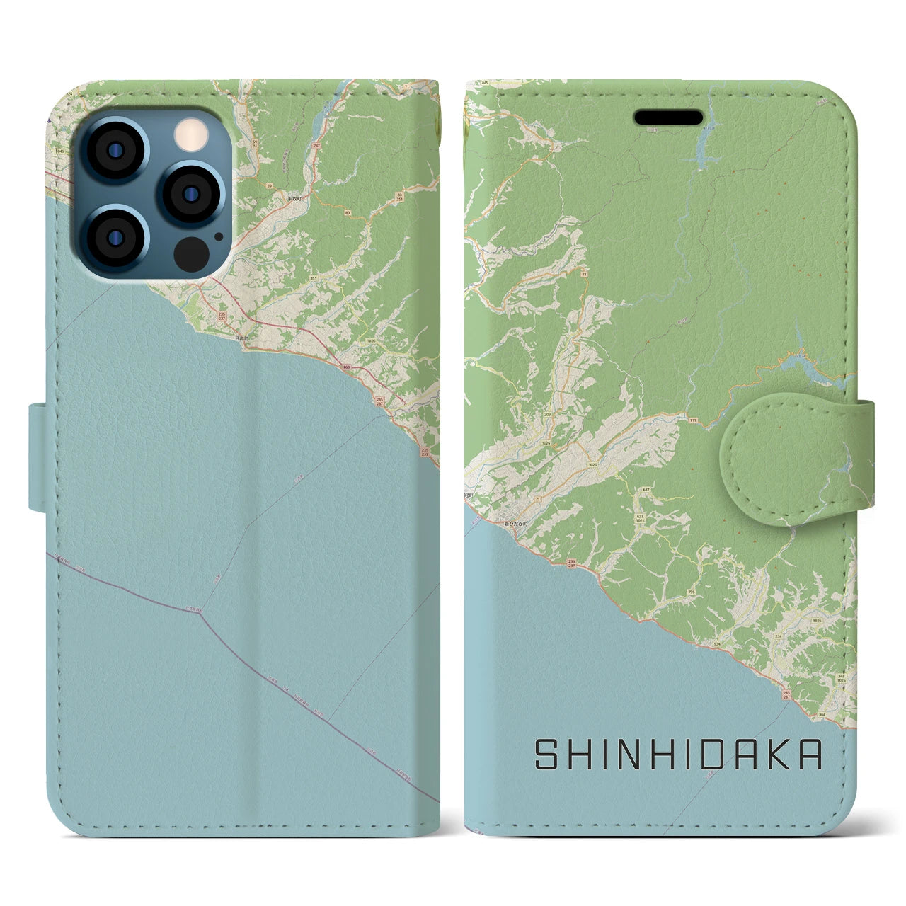 【新ひだか(北海道)】地図柄iPhoneケース(手帳タイプ)ナチュラル・iPhone 12 / 12 Pro 用