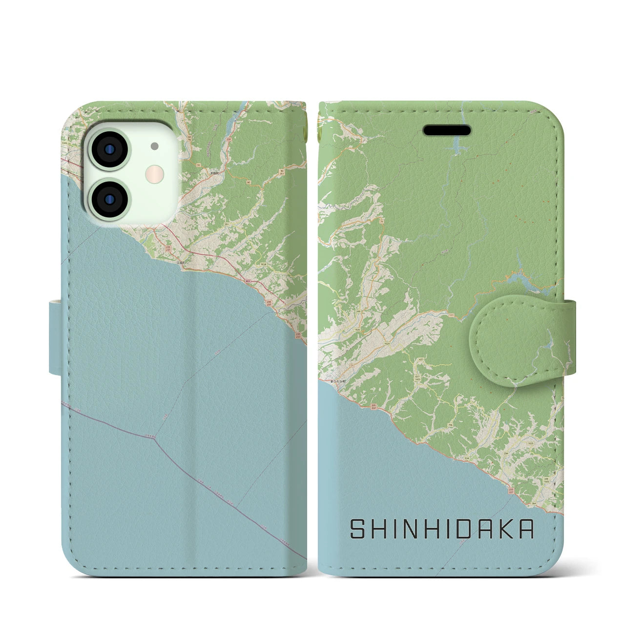 【新ひだか(北海道)】地図柄iPhoneケース(手帳タイプ)ナチュラル・iPhone 12 mini 用