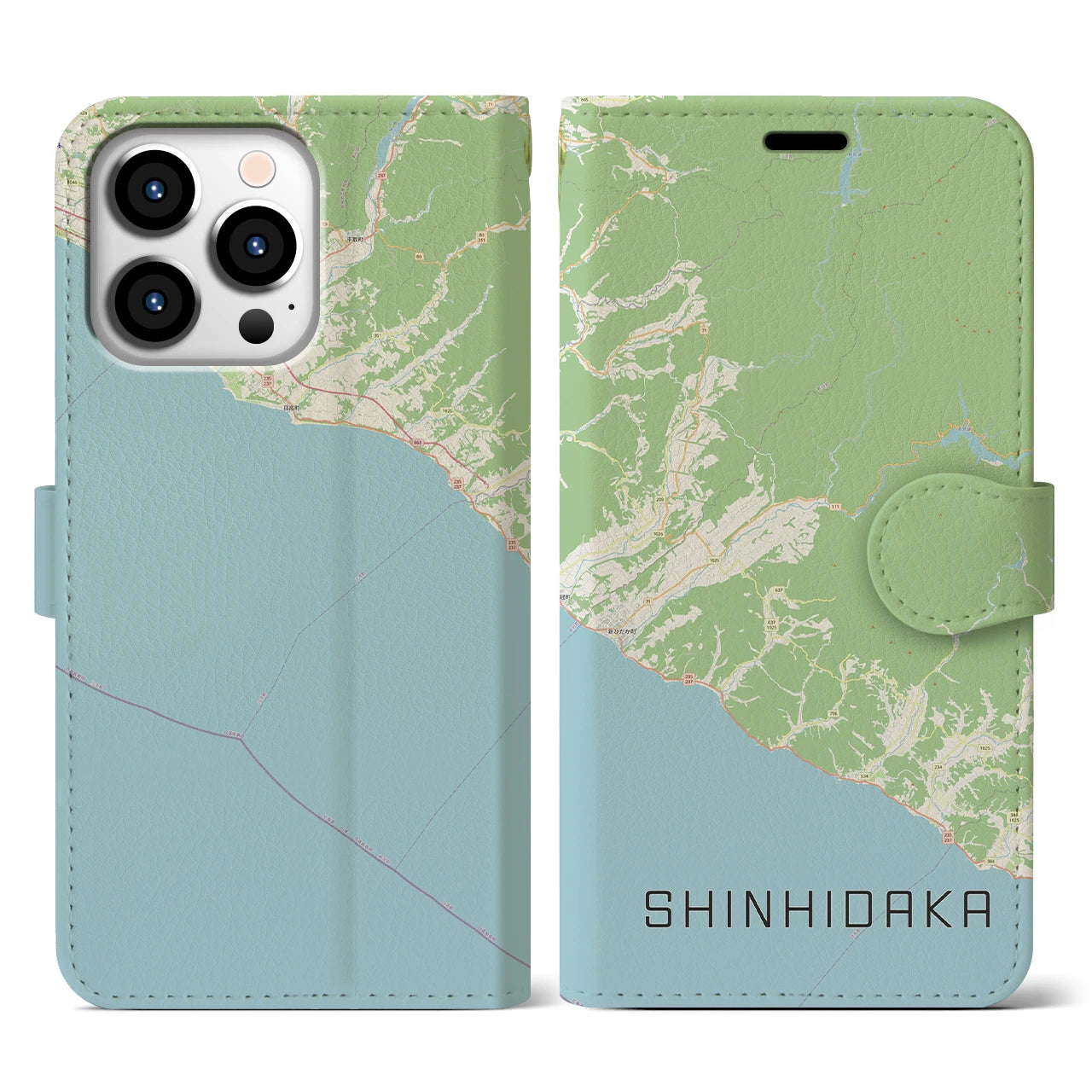 【新ひだか(北海道)】地図柄iPhoneケース(手帳タイプ)ナチュラル・iPhone 13 Pro 用