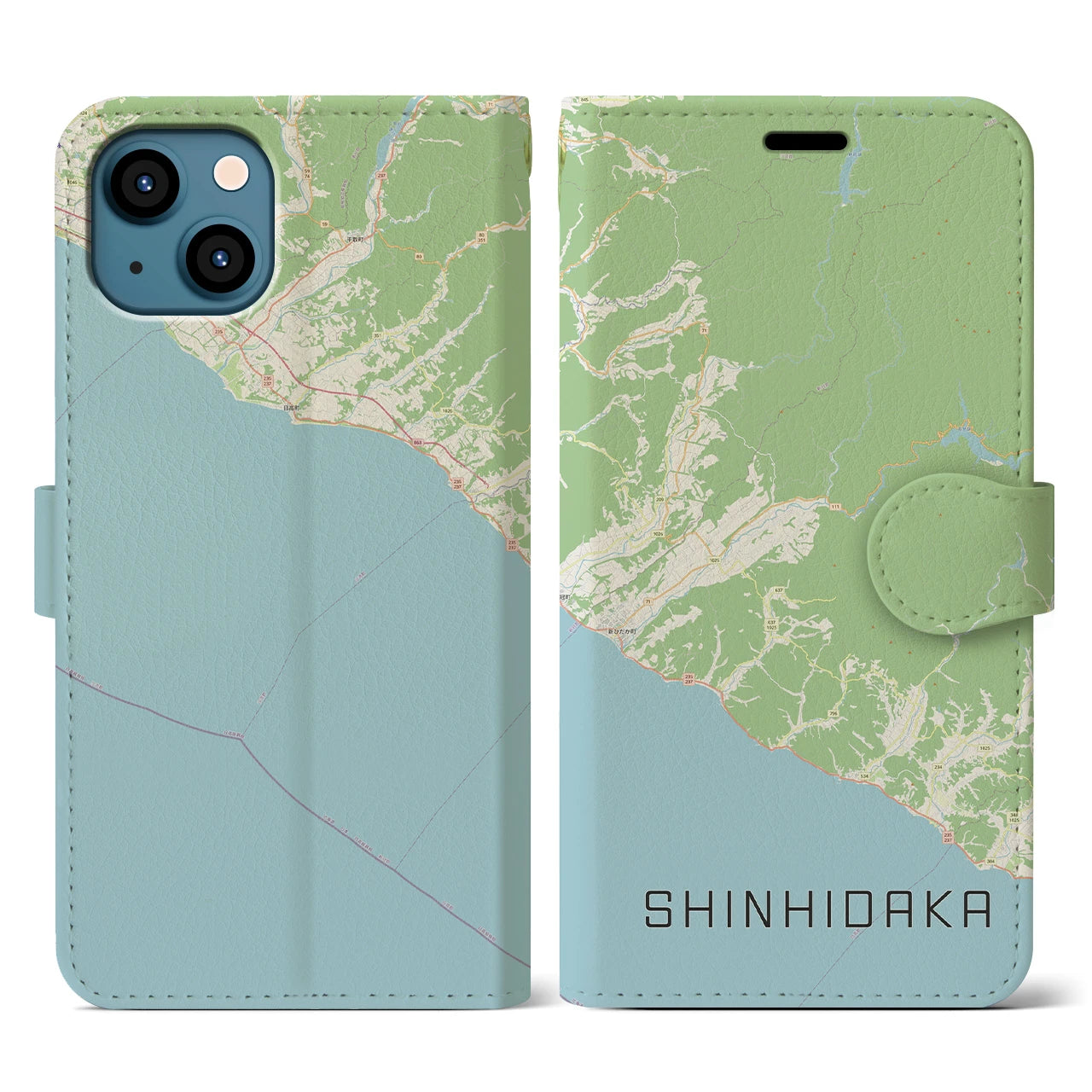 【新ひだか(北海道)】地図柄iPhoneケース(手帳タイプ)ナチュラル・iPhone 13 用