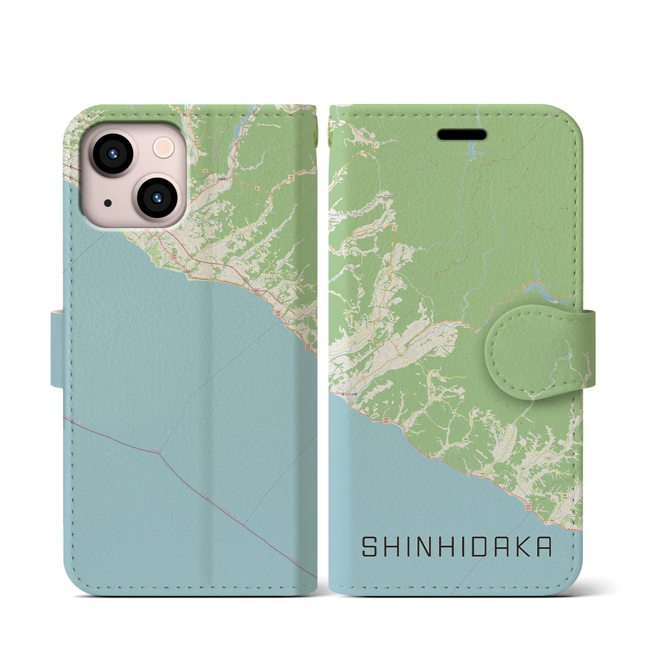 【新ひだか(北海道)】地図柄iPhoneケース(手帳タイプ)ナチュラル・iPhone 13 mini 用