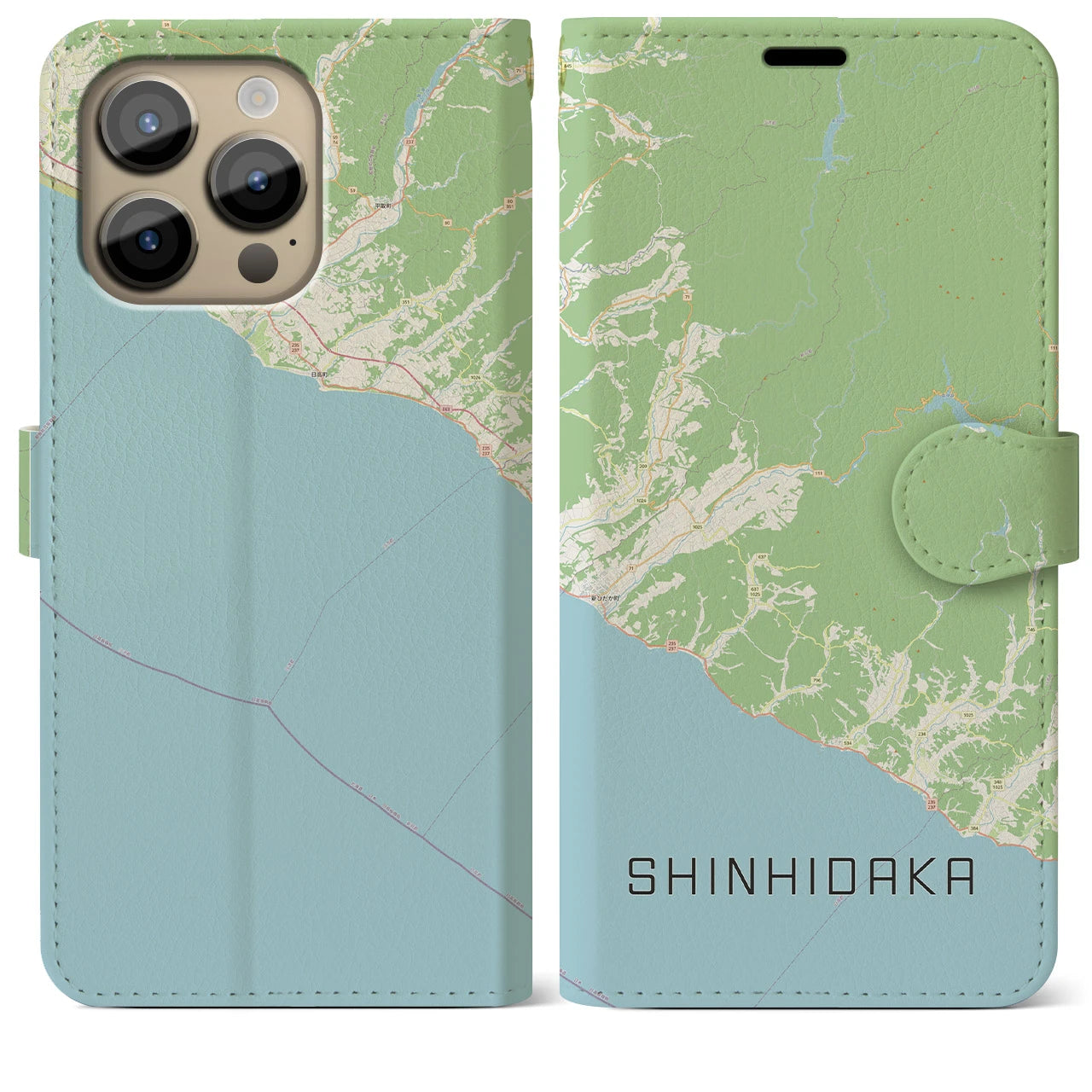 【新ひだか(北海道)】地図柄iPhoneケース(手帳タイプ)ナチュラル・iPhone 14 Pro Max 用
