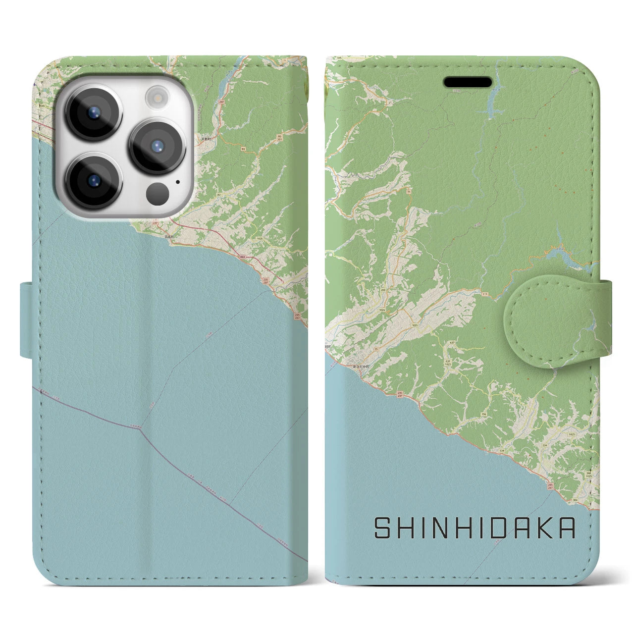 【新ひだか(北海道)】地図柄iPhoneケース(手帳タイプ)ナチュラル・iPhone 14 Pro 用