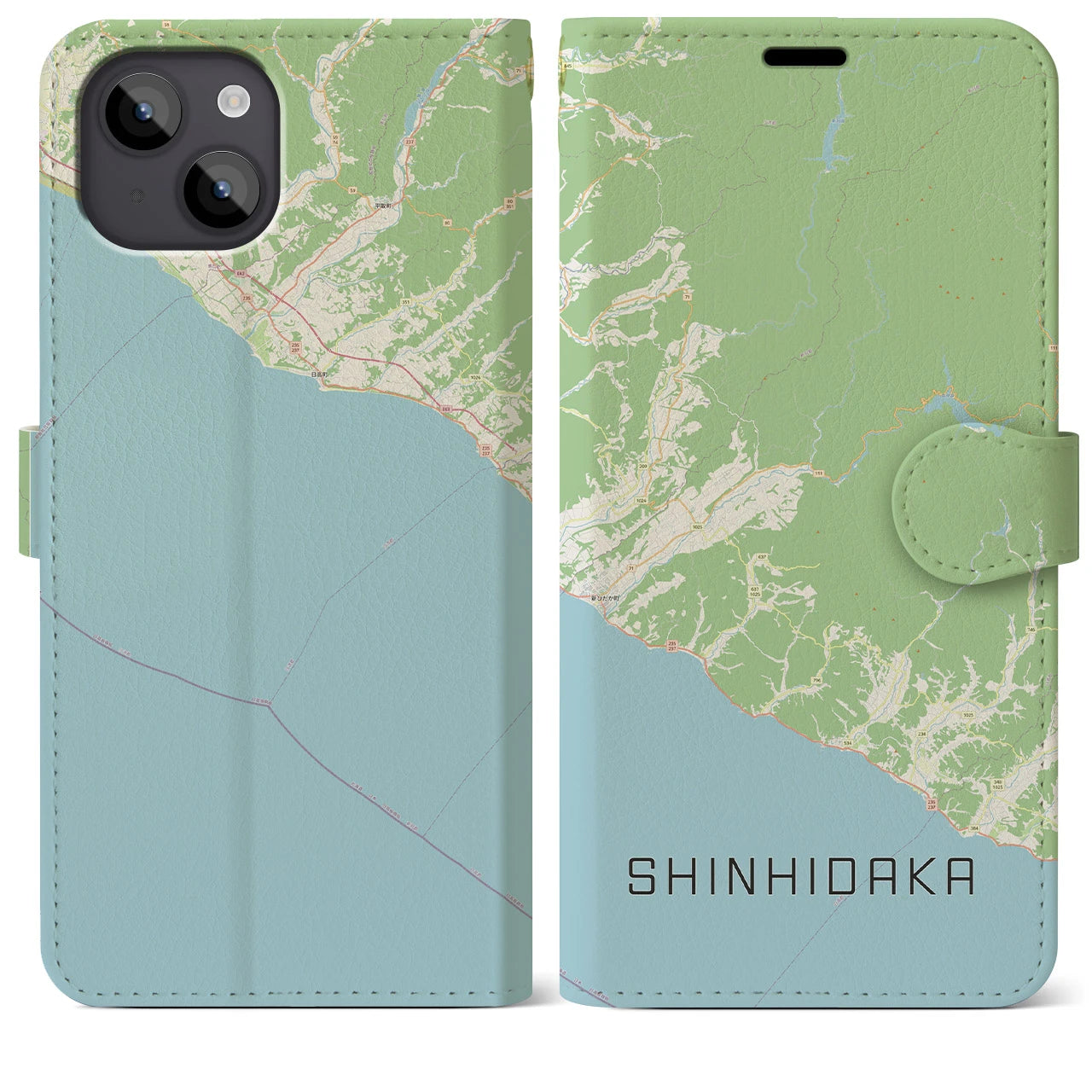 【新ひだか(北海道)】地図柄iPhoneケース(手帳タイプ)ナチュラル・iPhone 14 Plus 用