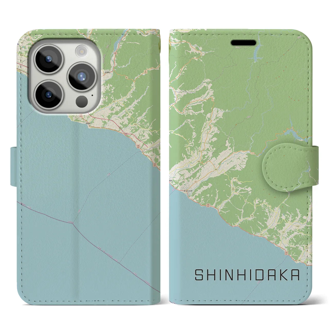 【新ひだか(北海道)】地図柄iPhoneケース(手帳タイプ)ナチュラル・iPhone 15 Pro 用